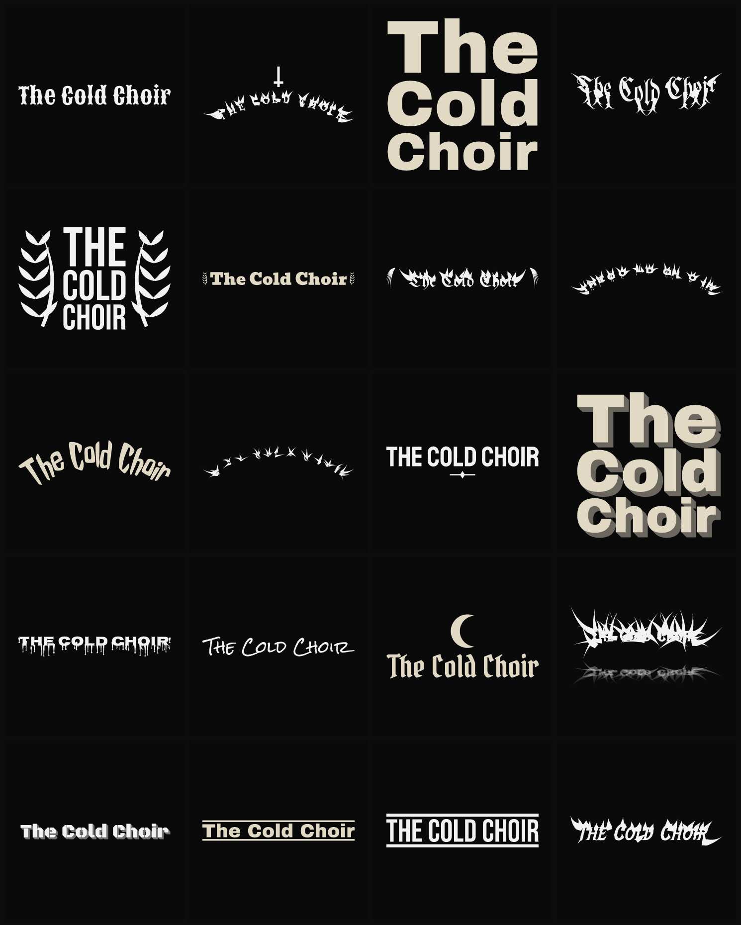 Twenty The Cold Choir band logo ideas — different faces, treatments and spike settings