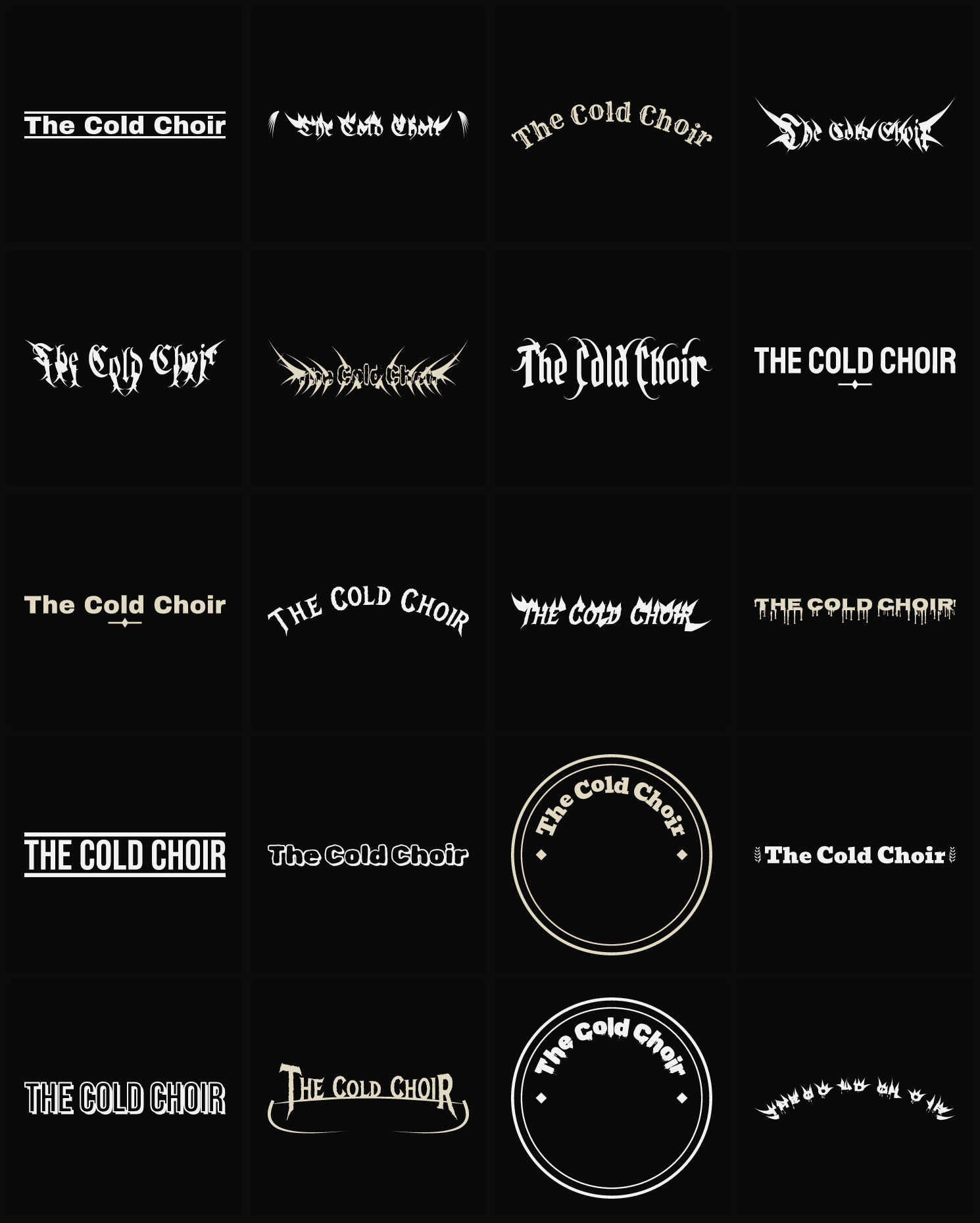 Twenty The Cold Choir band logo ideas — different faces, treatments and spike settings
