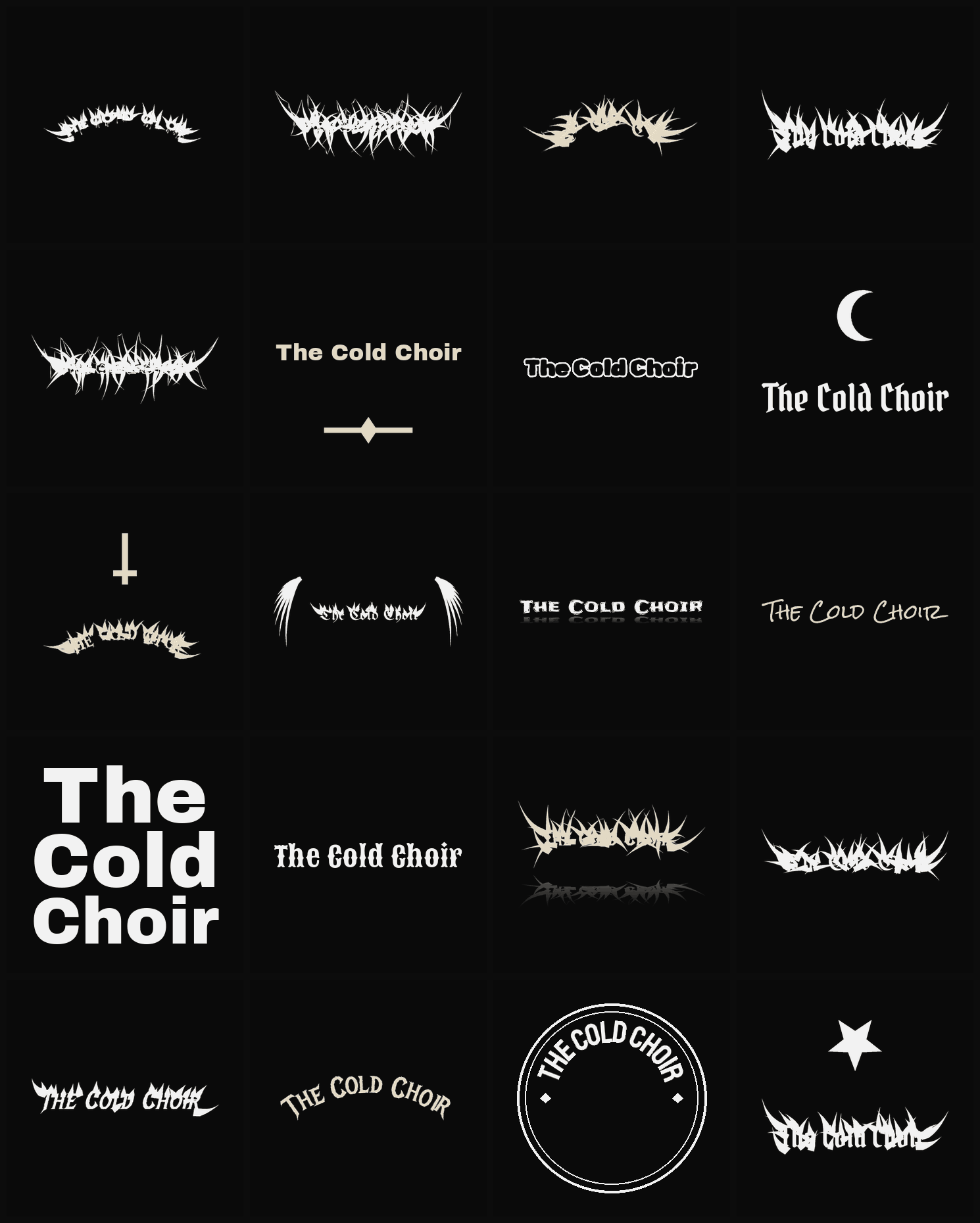 Twenty The Cold Choir band logo ideas — different faces, treatments and spike settings