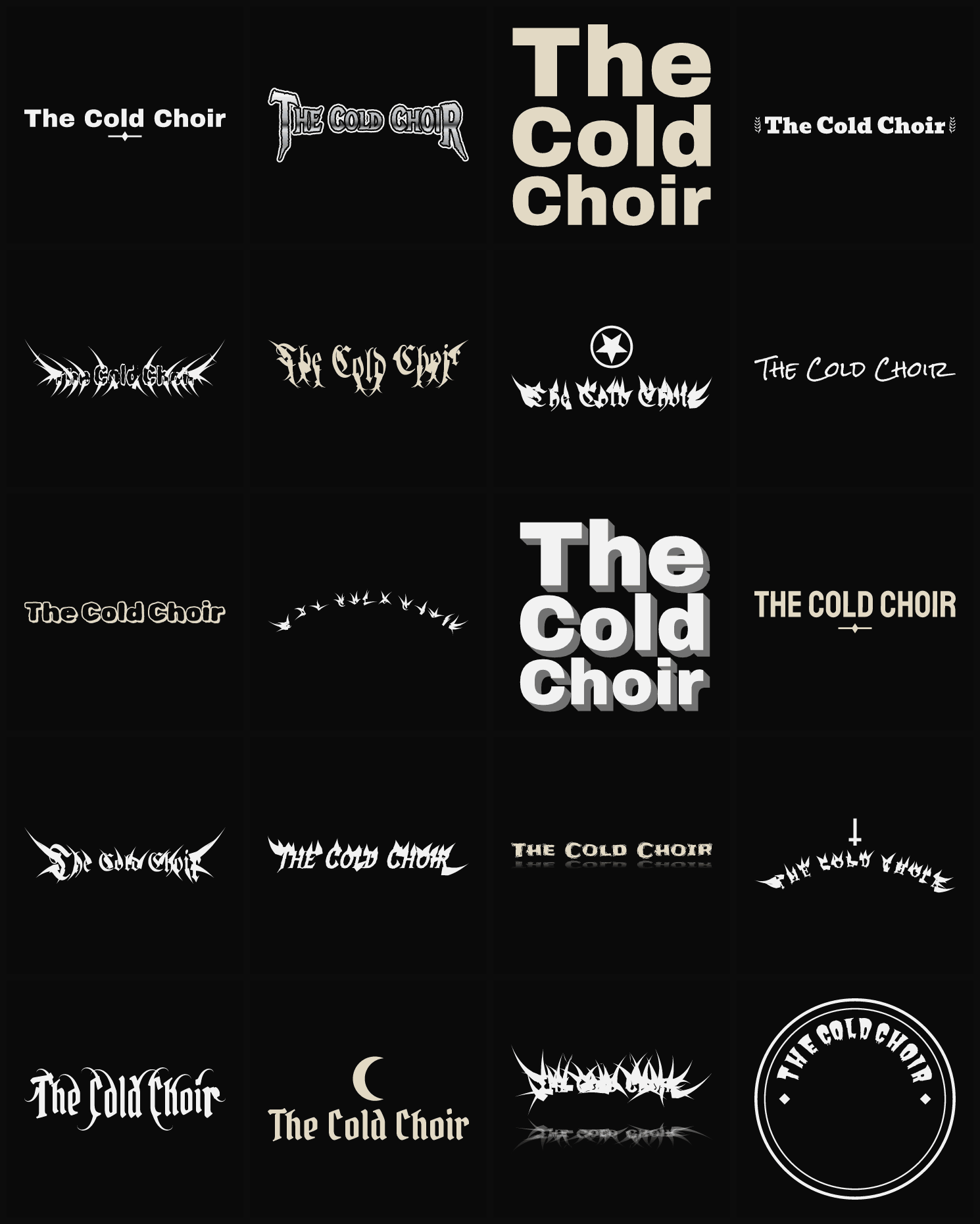 Twenty The Cold Choir band logo ideas — different faces, treatments and spike settings