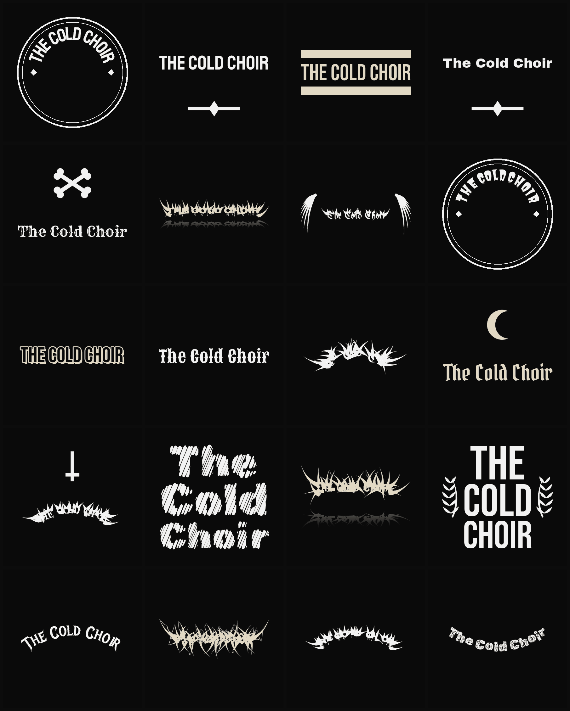 Twenty The Cold Choir band logo ideas — different faces, treatments and spike settings
