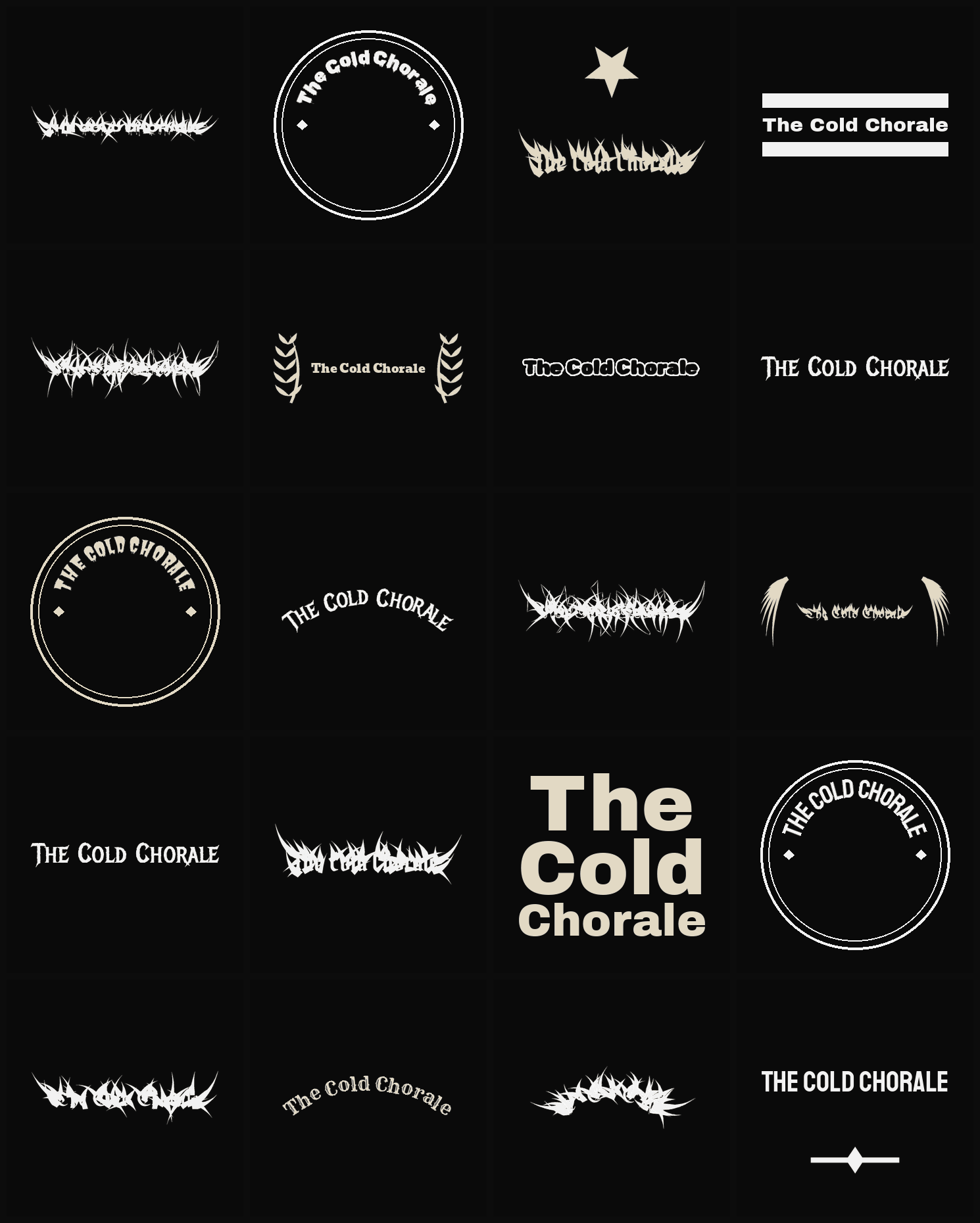 Twenty The Cold Chorale band logo ideas — different faces, treatments and spike settings