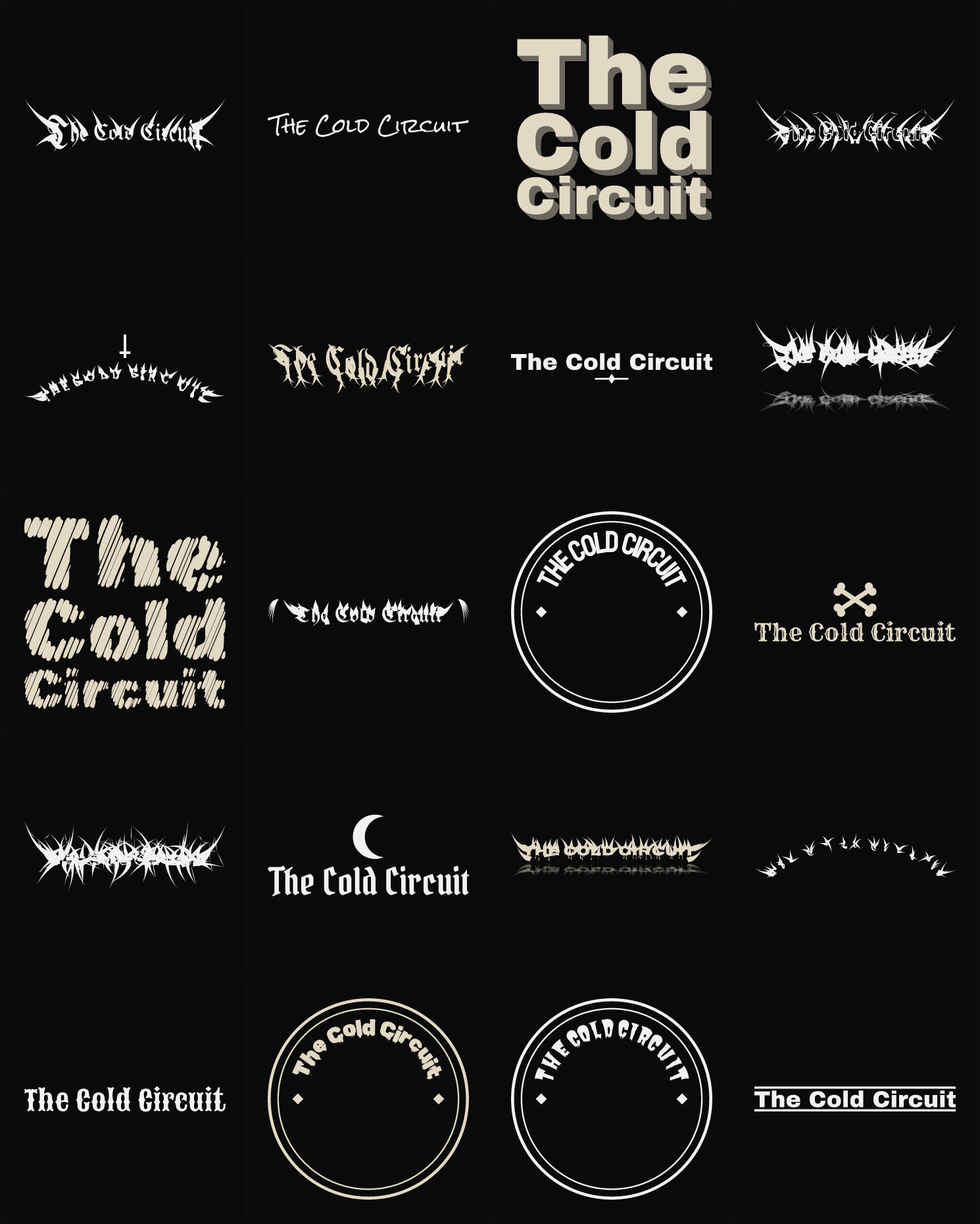 Twenty The Cold Circuit band logo ideas — different faces, treatments and spike settings