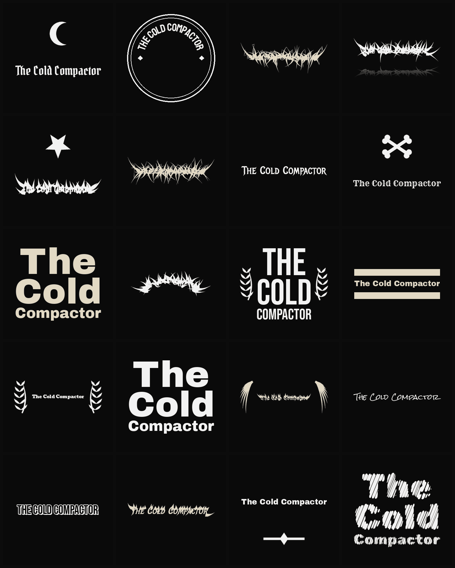 Twenty The Cold Compactor band logo ideas — different faces, treatments and spike settings