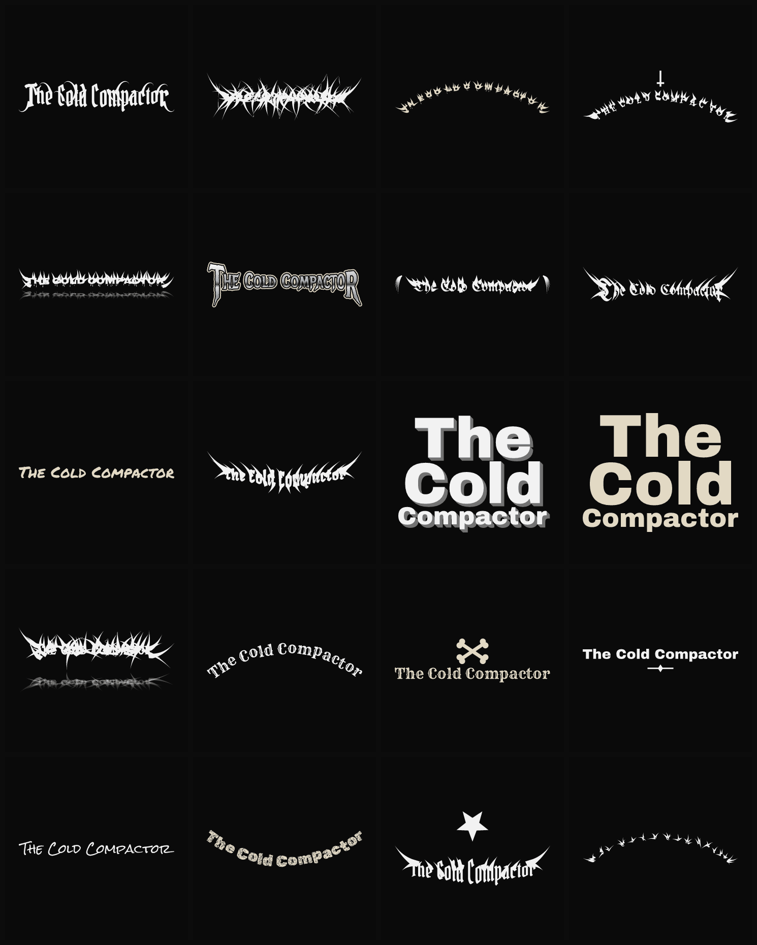 Twenty The Cold Compactor band logo ideas — different faces, treatments and spike settings