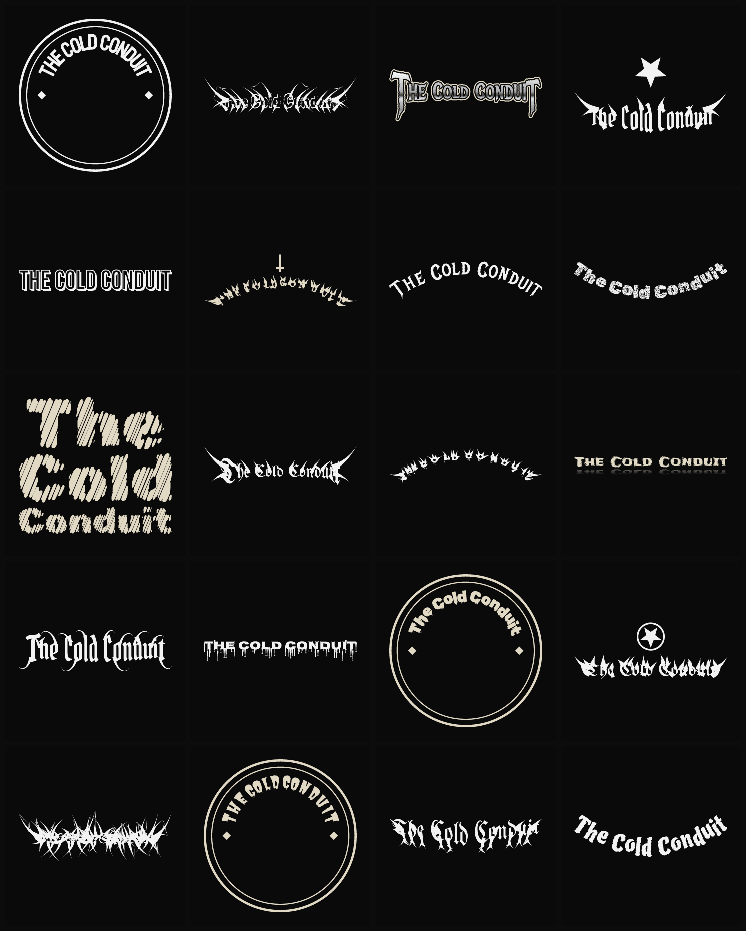 Twenty The Cold Conduit band logo ideas — different faces, treatments and spike settings