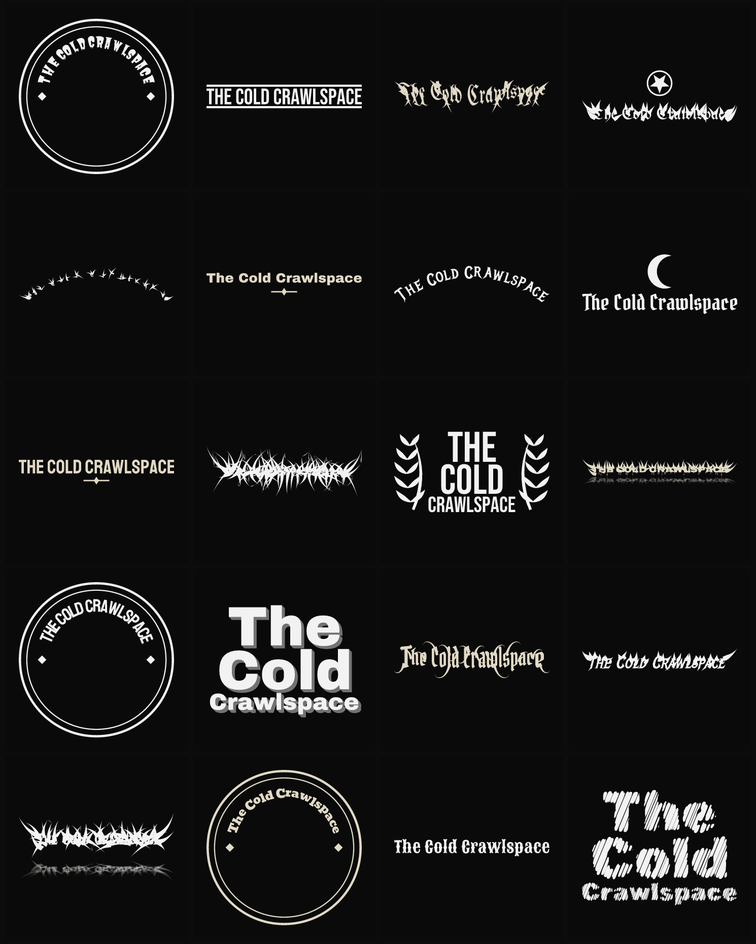Twenty The Cold Crawlspace band logo ideas — different faces, treatments and spike settings