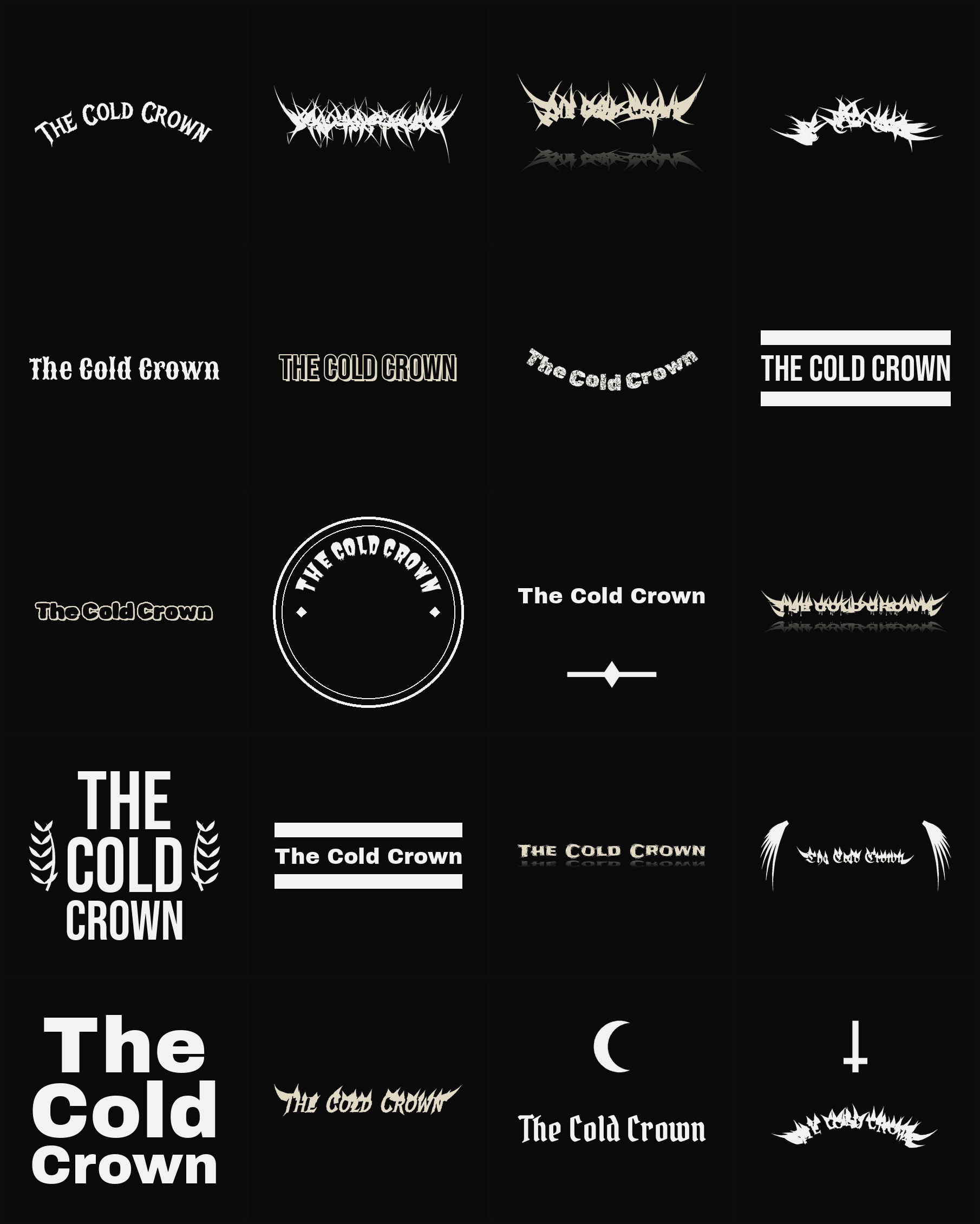 Twenty The Cold Crown band logo ideas — different faces, treatments and spike settings