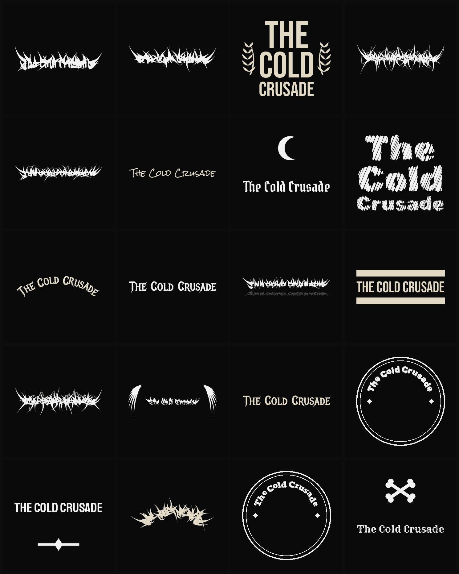 Twenty The Cold Crusade band logo ideas — different faces, treatments and spike settings
