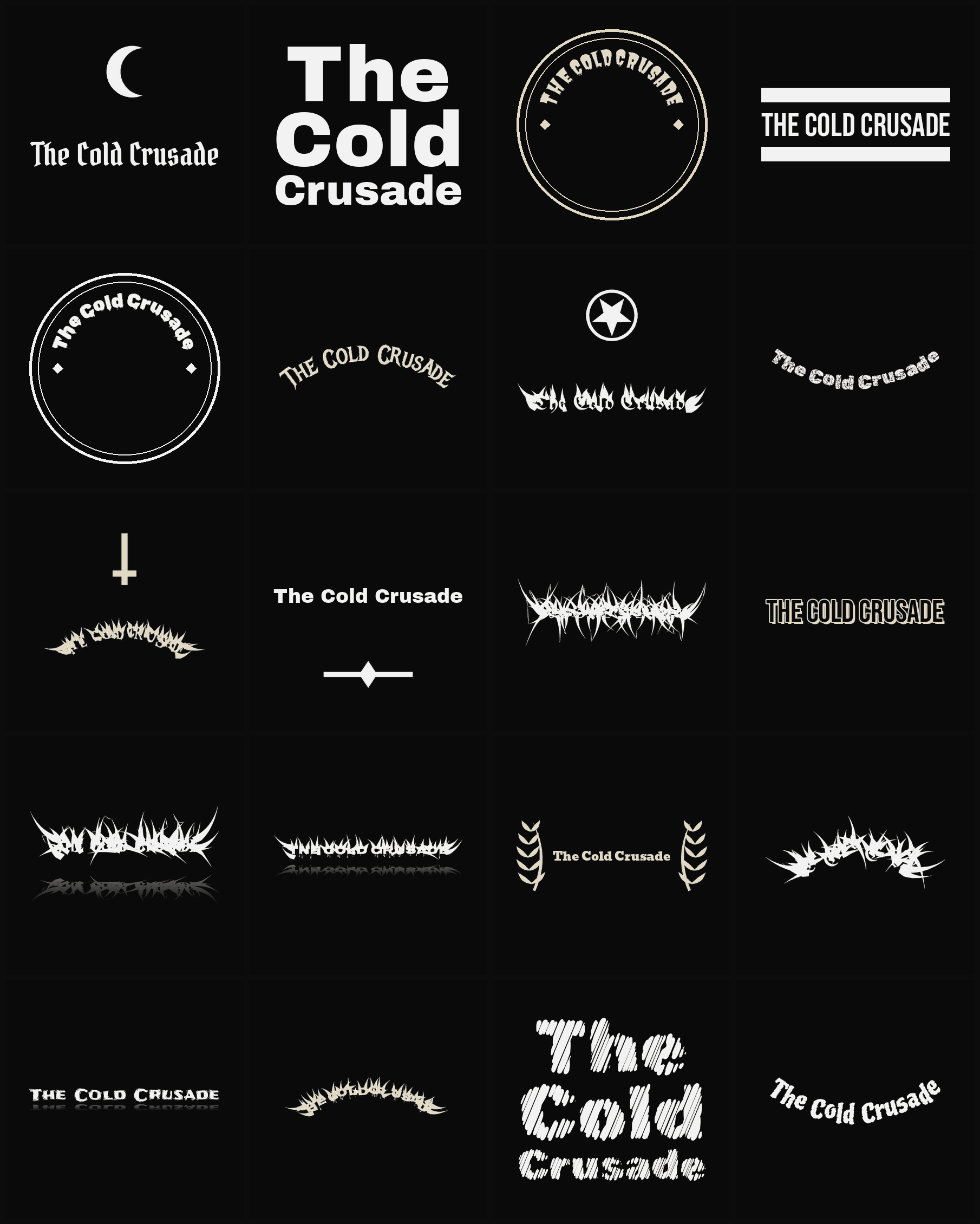 Twenty The Cold Crusade band logo ideas — different faces, treatments and spike settings