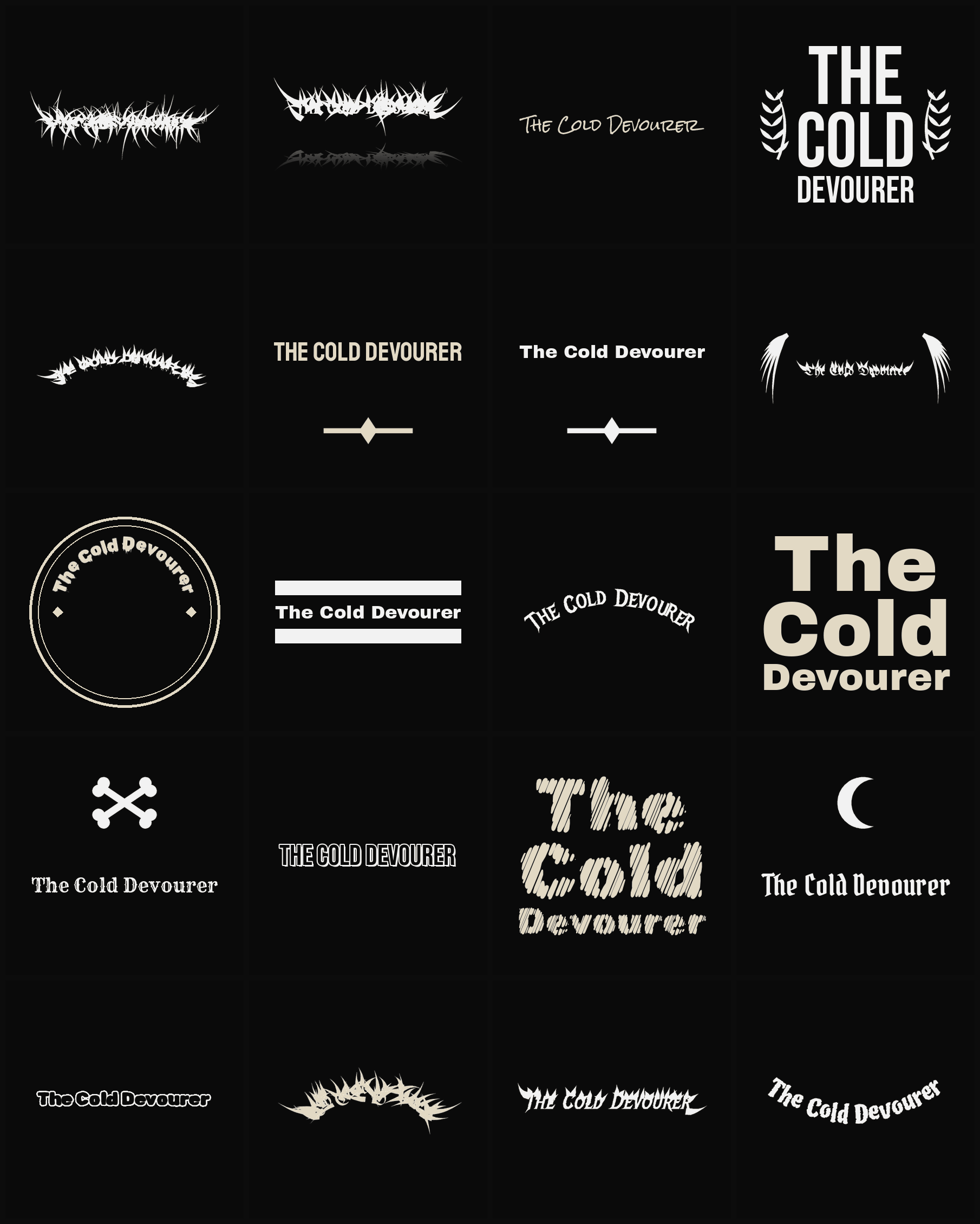 Twenty The Cold Devourer band logo ideas — different faces, treatments and spike settings