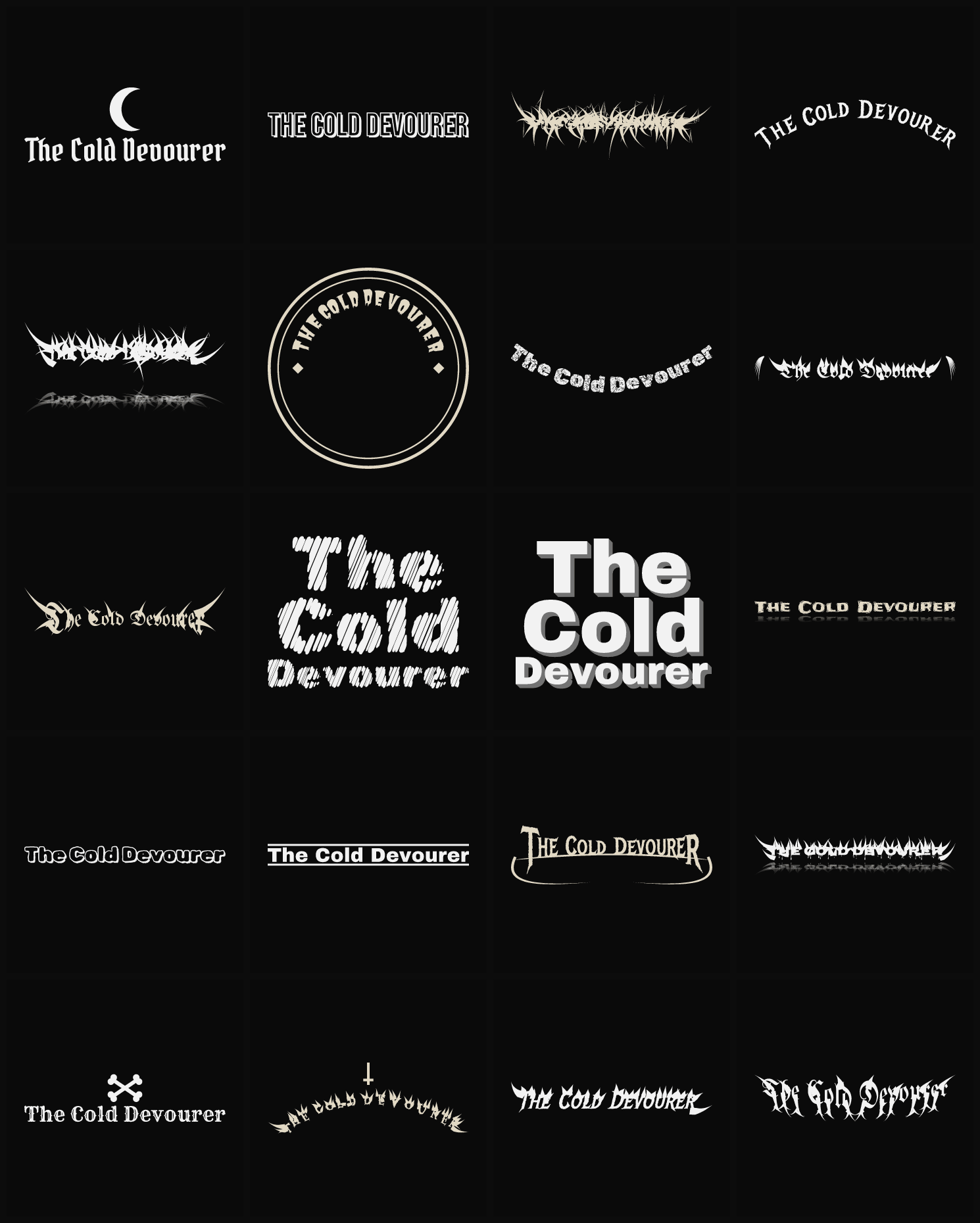 Twenty The Cold Devourer band logo ideas — different faces, treatments and spike settings