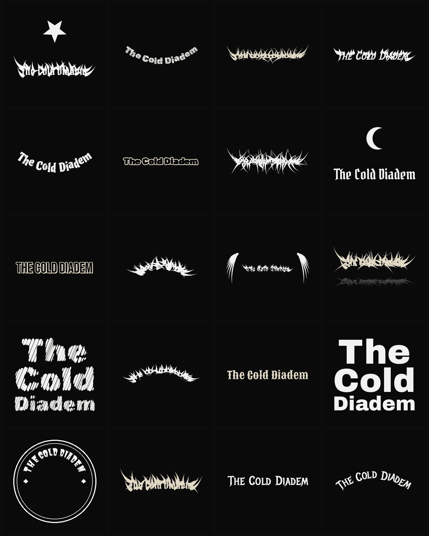 Twenty The Cold Diadem band logo ideas — different faces, treatments and spike settings