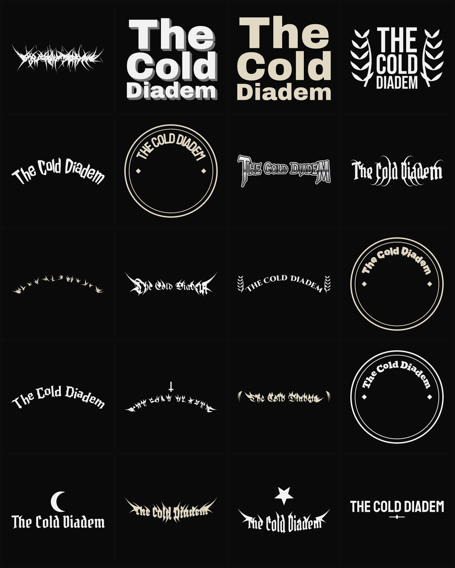 Twenty The Cold Diadem band logo ideas — different faces, treatments and spike settings
