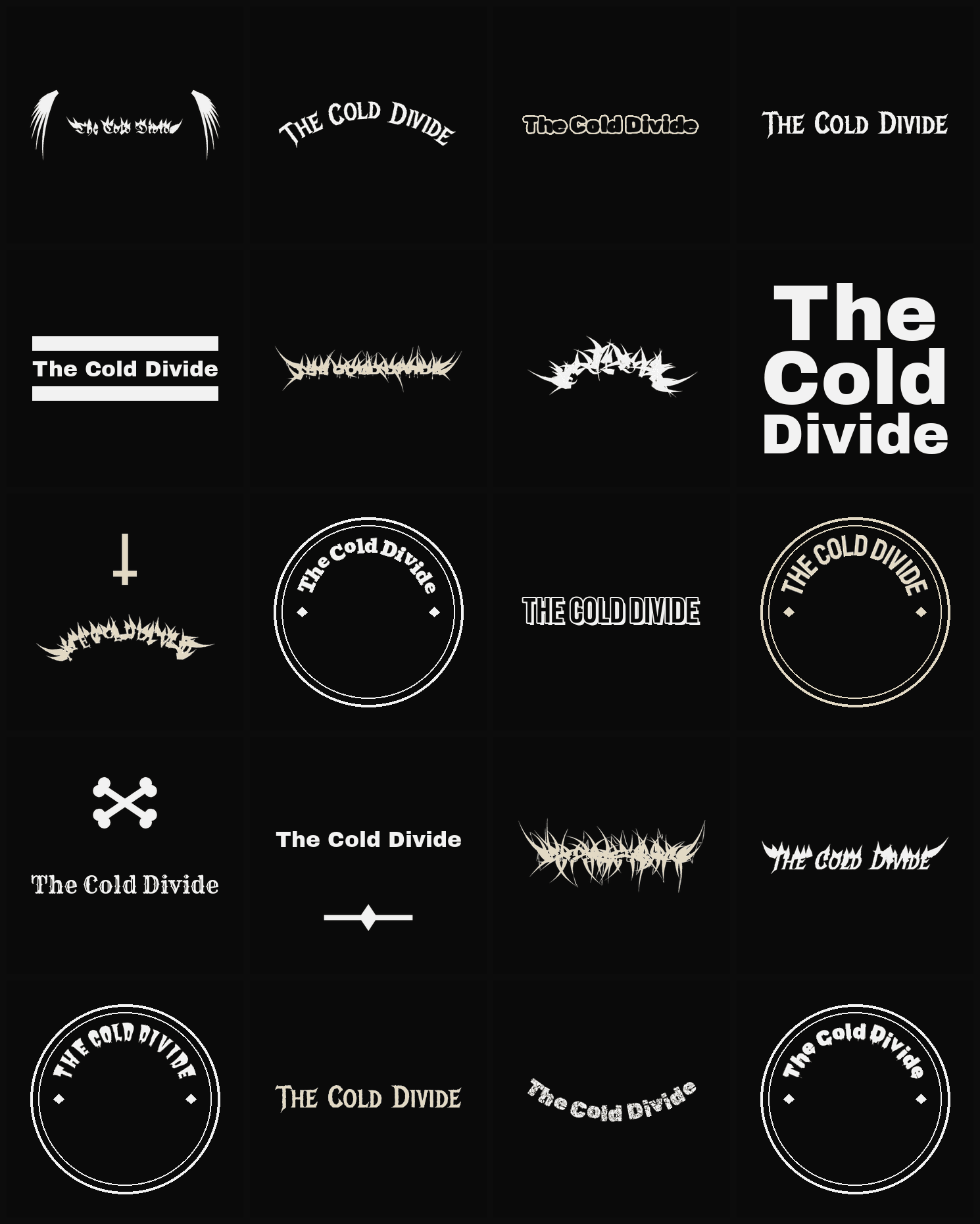 Twenty The Cold Divide band logo ideas — different faces, treatments and spike settings