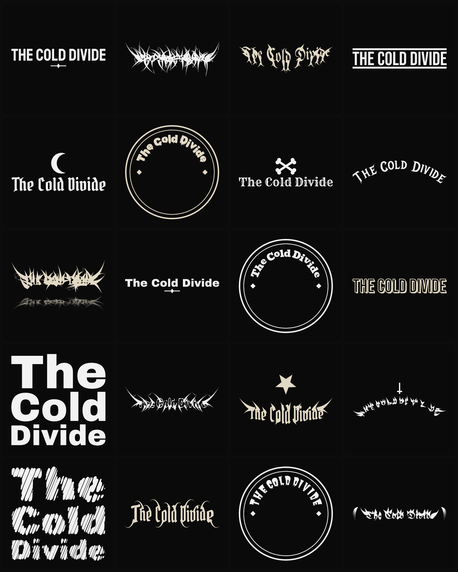 Twenty The Cold Divide band logo ideas — different faces, treatments and spike settings