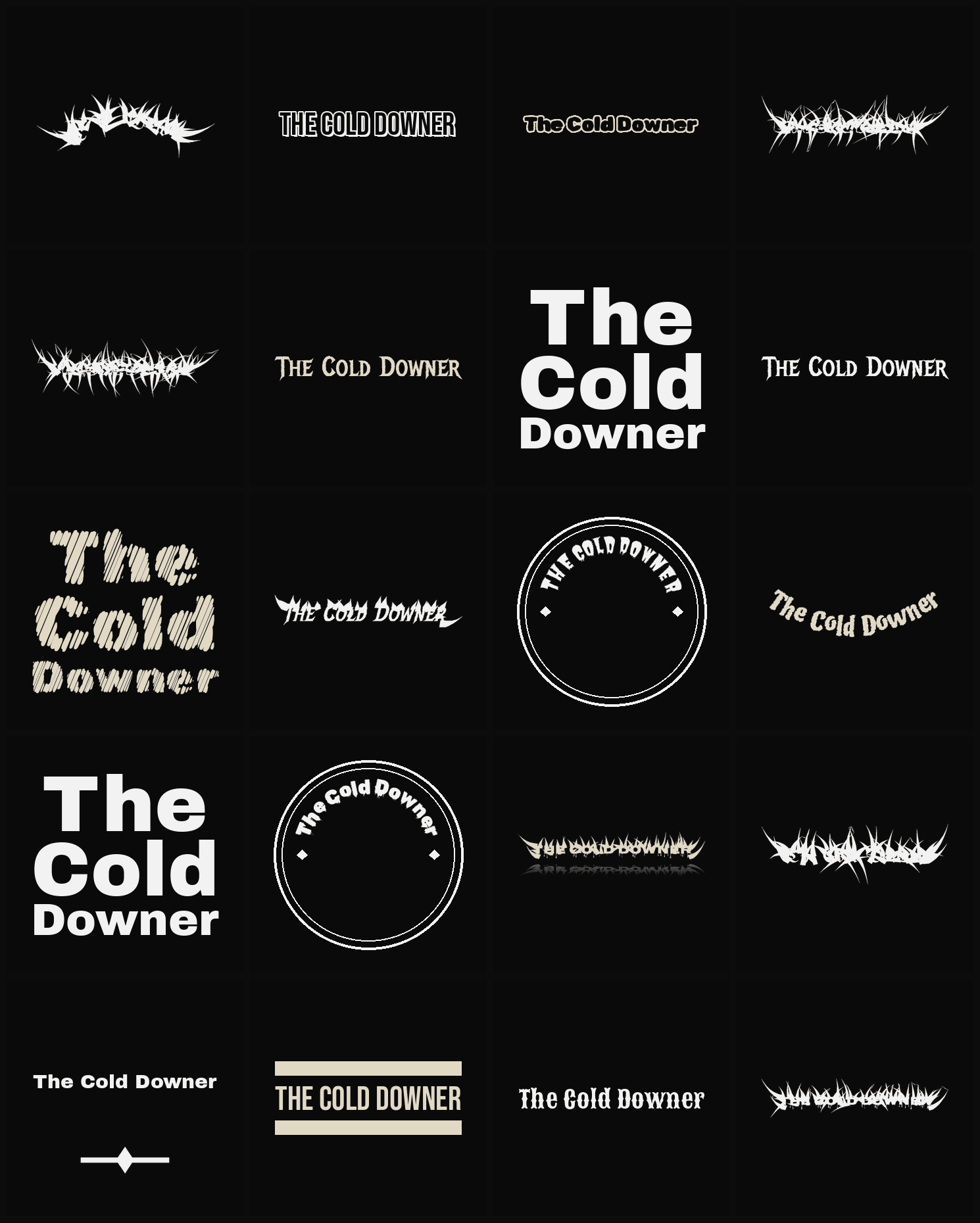 Twenty The Cold Downer band logo ideas — different faces, treatments and spike settings
