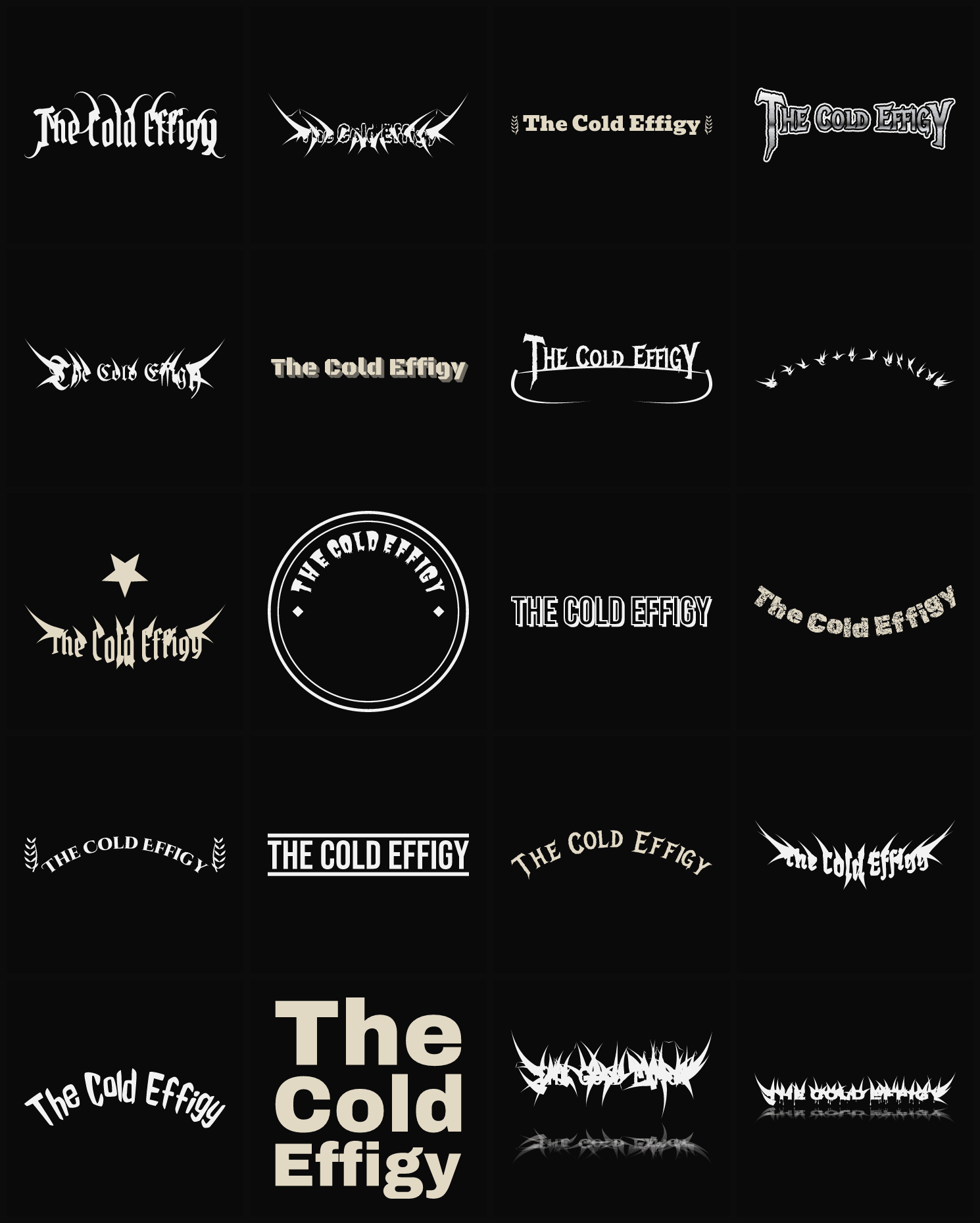 Twenty The Cold Effigy band logo ideas — different faces, treatments and spike settings