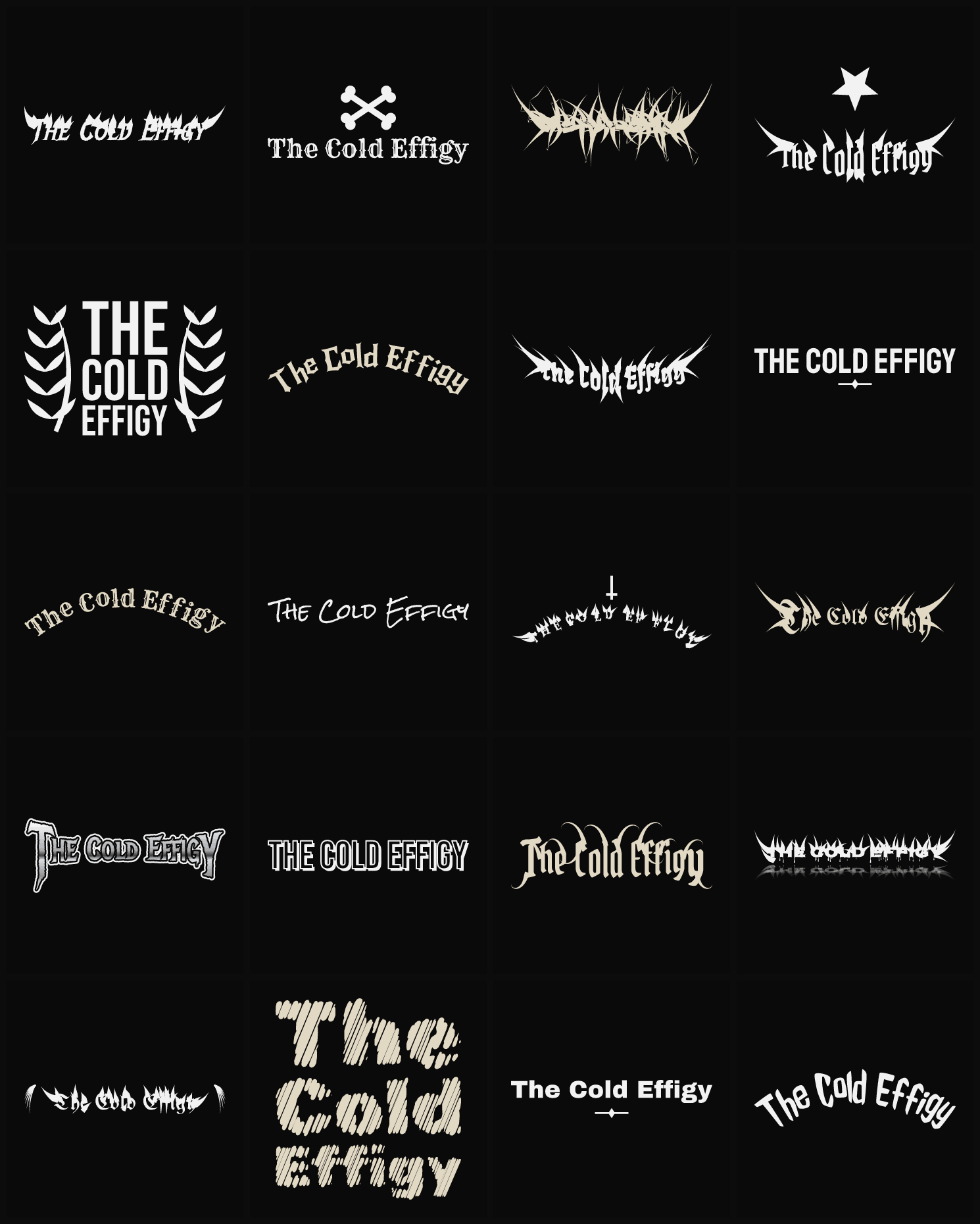 Twenty The Cold Effigy band logo ideas — different faces, treatments and spike settings