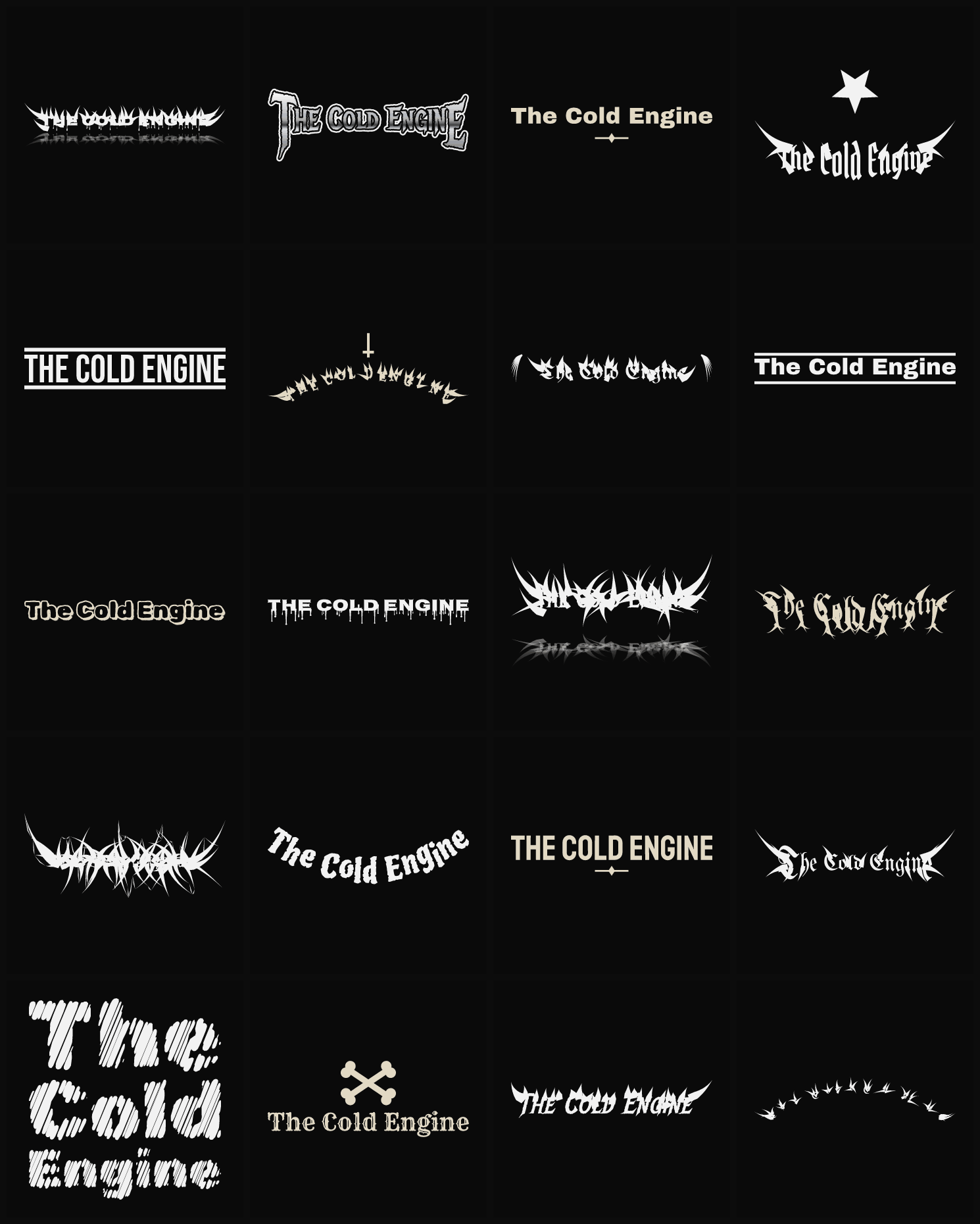 Twenty The Cold Engine band logo ideas — different faces, treatments and spike settings