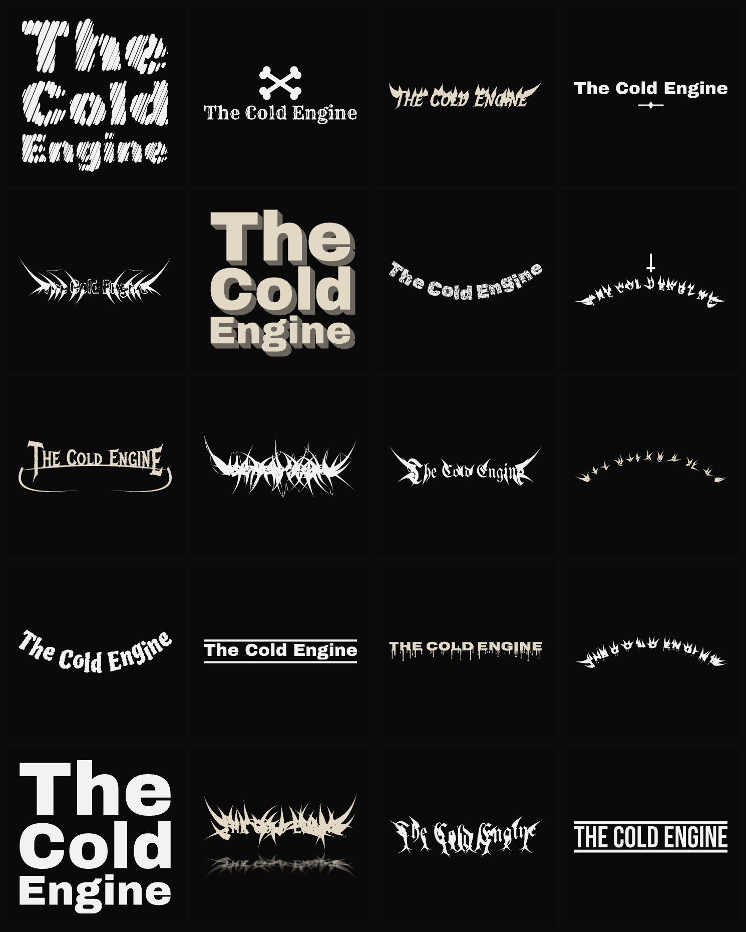 Twenty The Cold Engine band logo ideas — different faces, treatments and spike settings