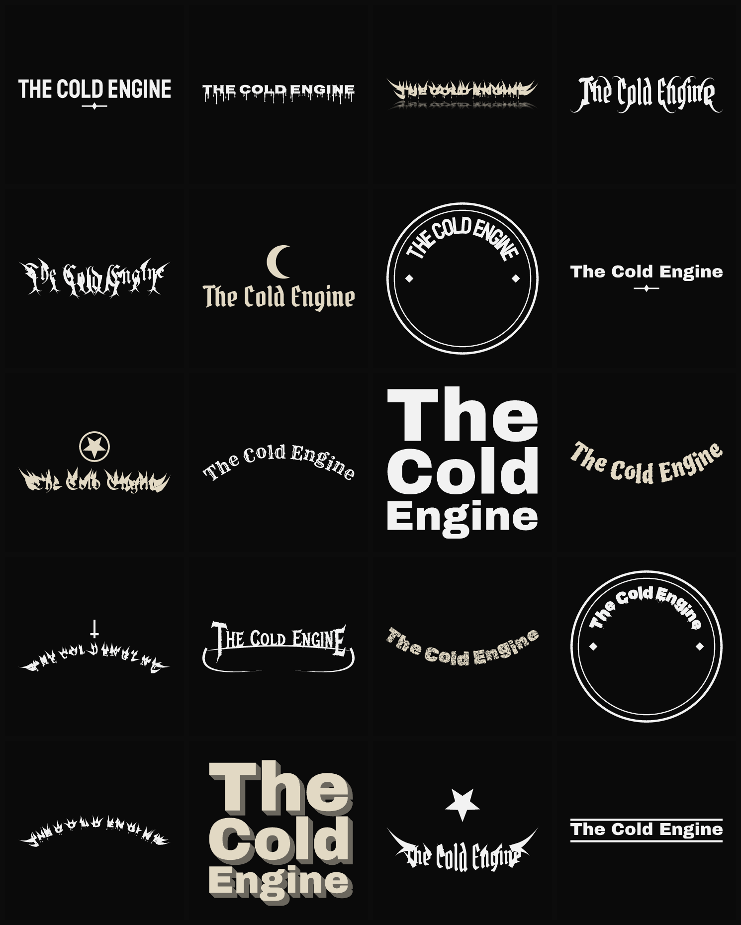 Twenty The Cold Engine band logo ideas — different faces, treatments and spike settings