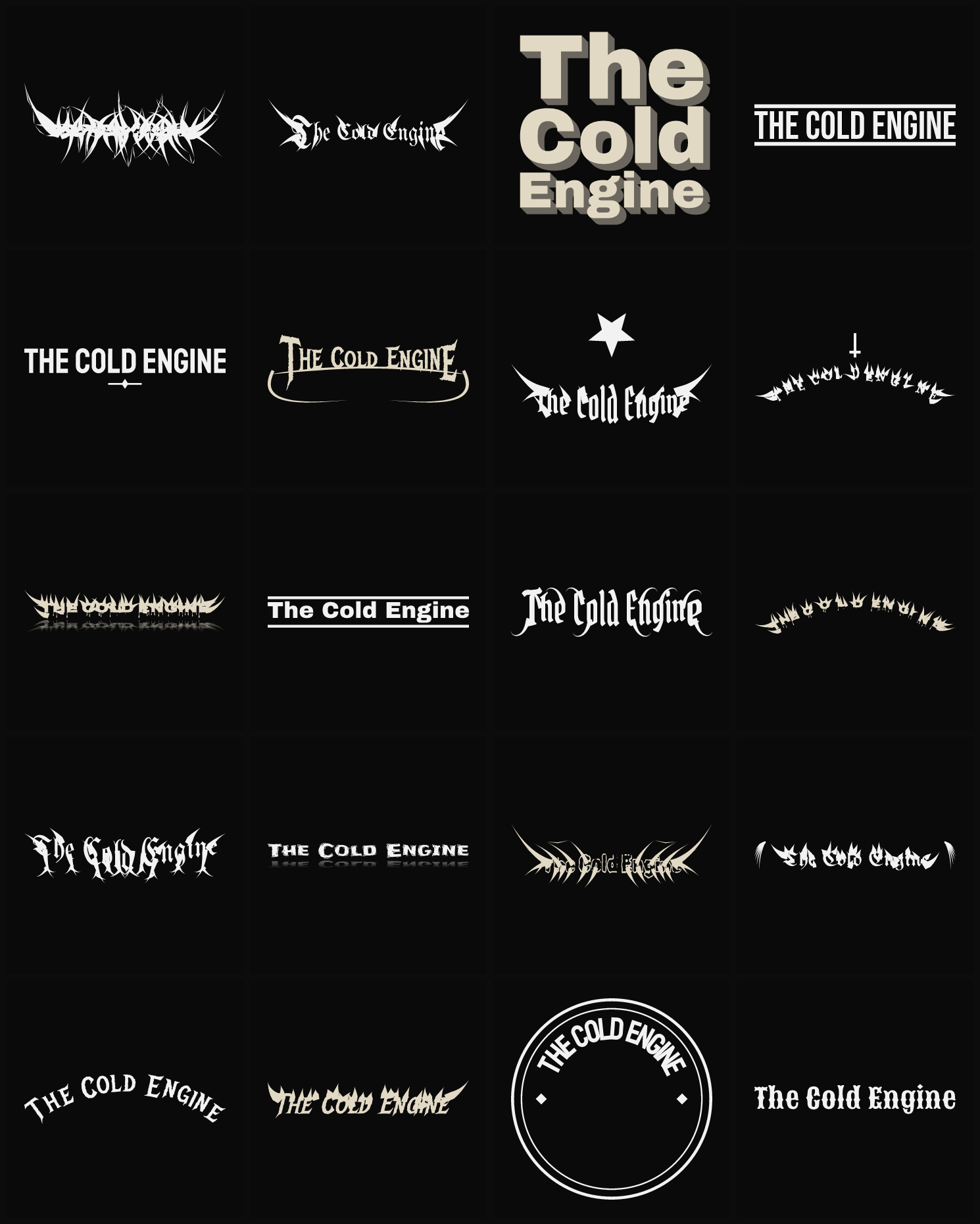 Twenty The Cold Engine band logo ideas — different faces, treatments and spike settings