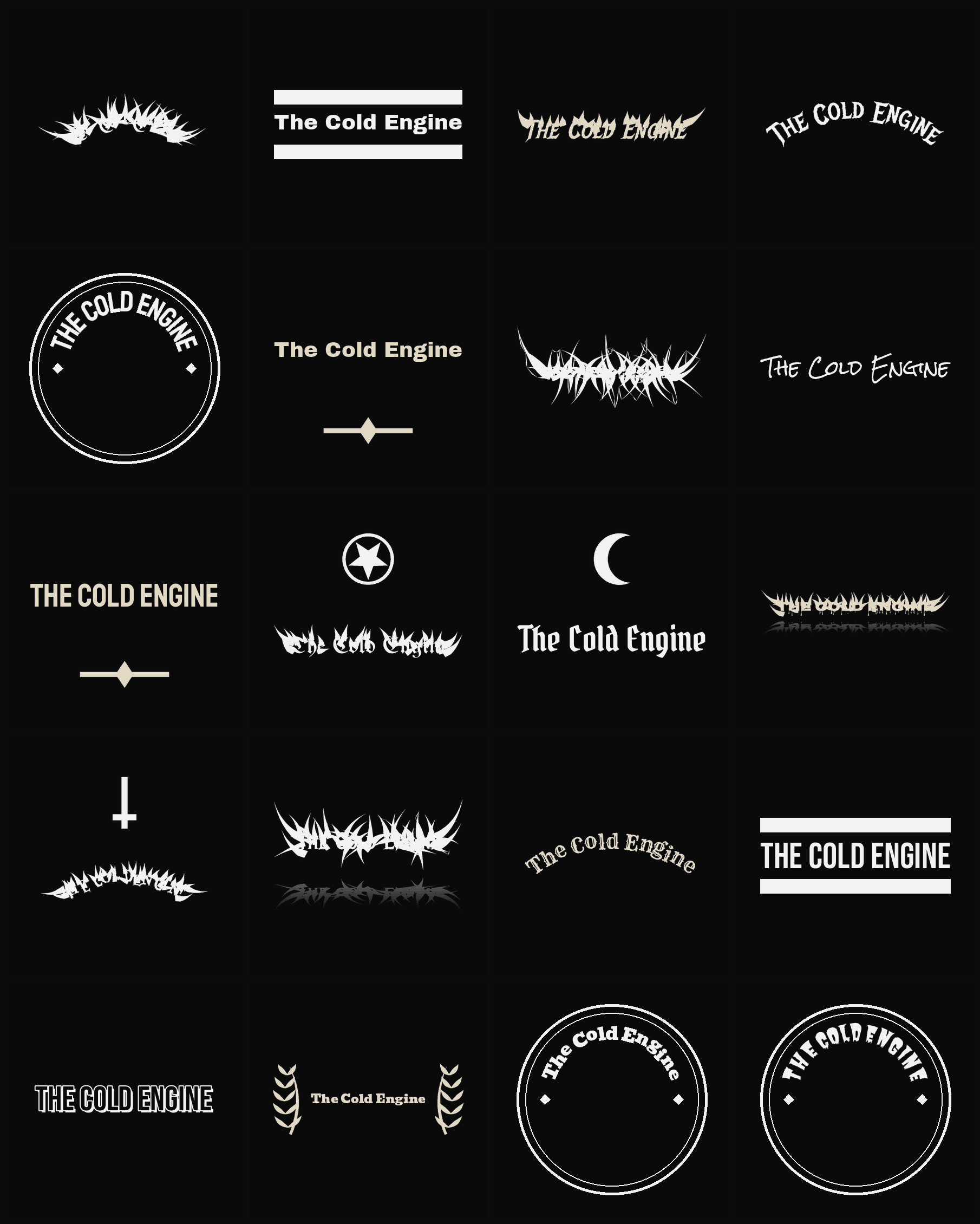 Twenty The Cold Engine band logo ideas — different faces, treatments and spike settings