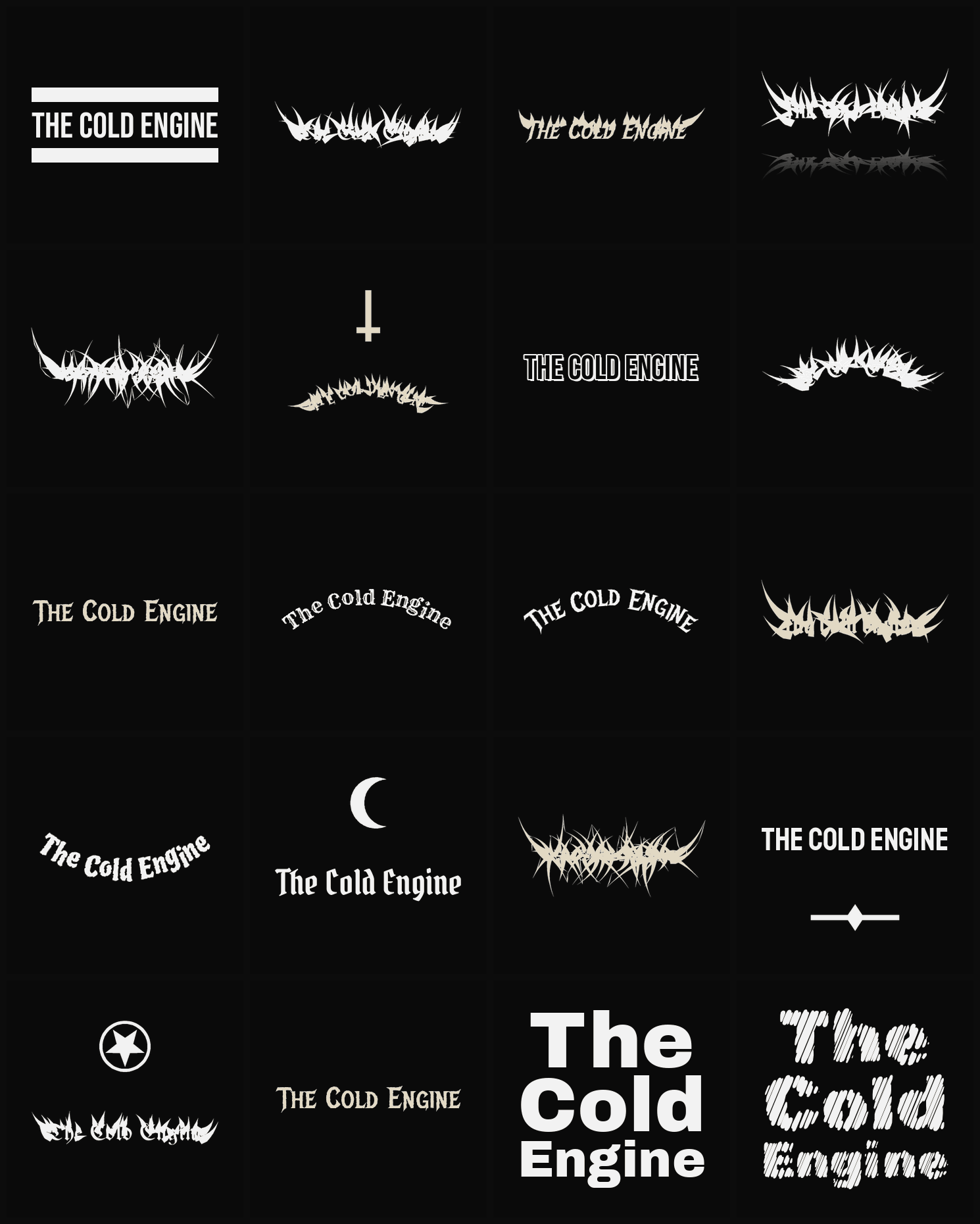 Twenty The Cold Engine band logo ideas — different faces, treatments and spike settings