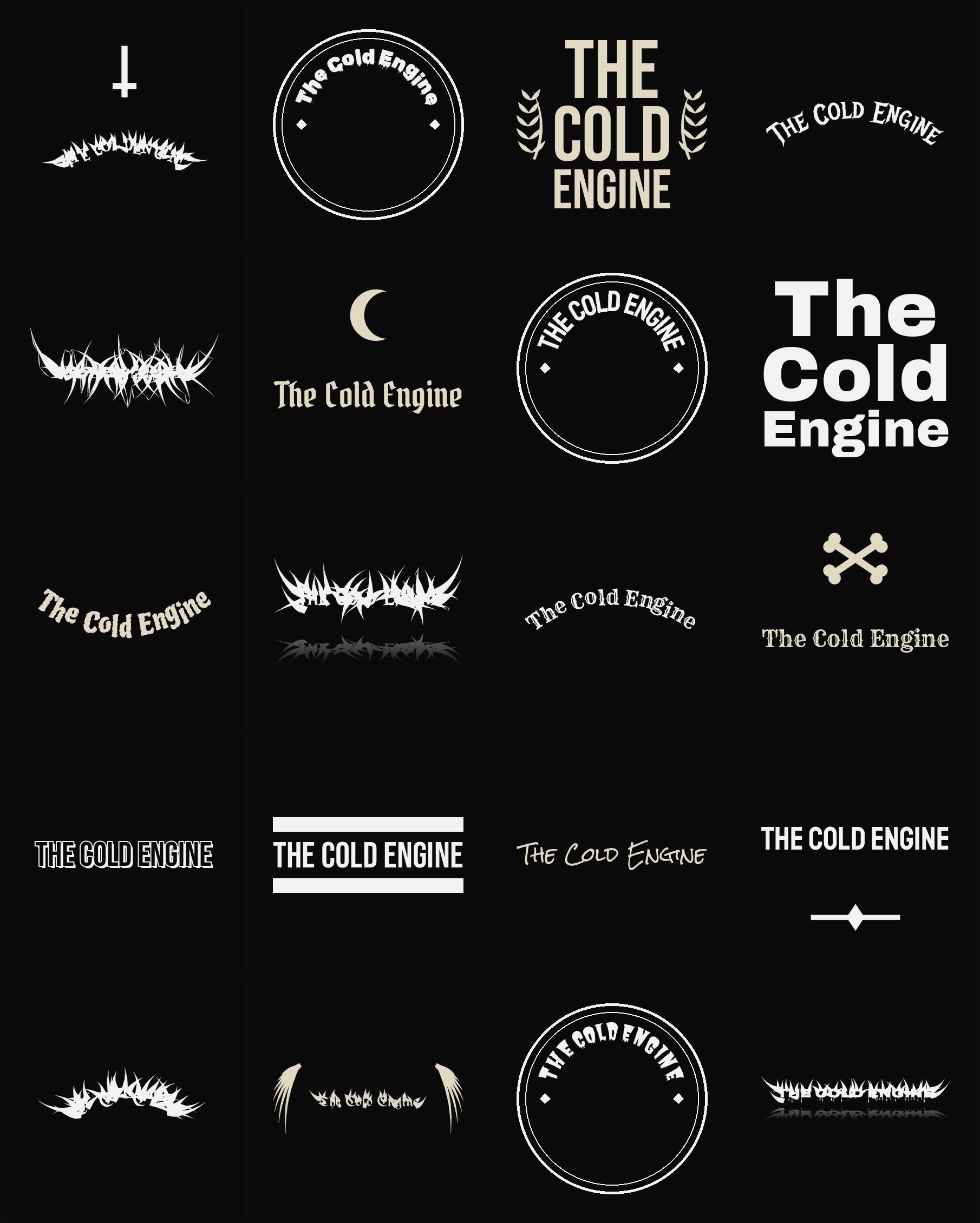 Twenty The Cold Engine band logo ideas — different faces, treatments and spike settings