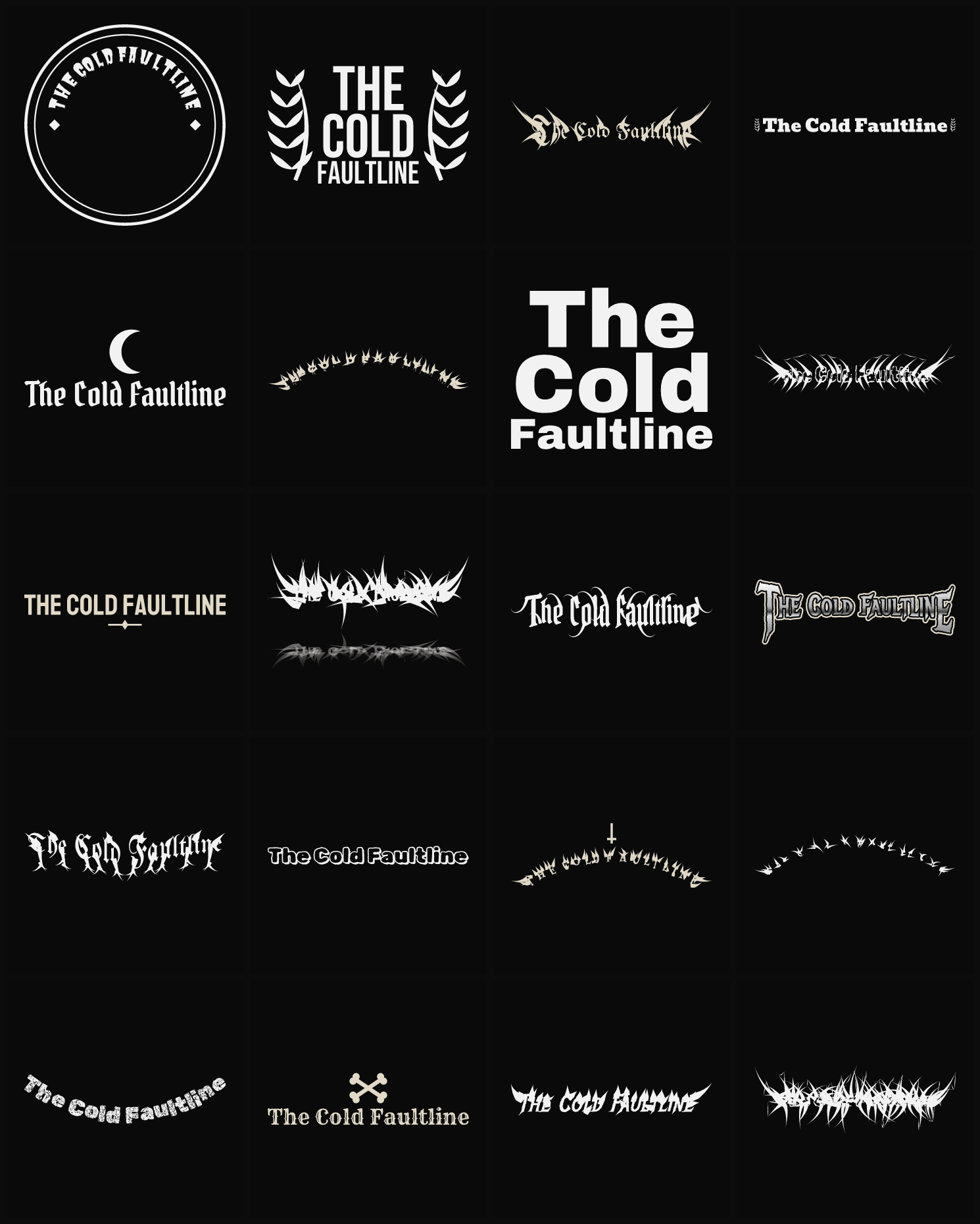 Twenty The Cold Faultline band logo ideas — different faces, treatments and spike settings
