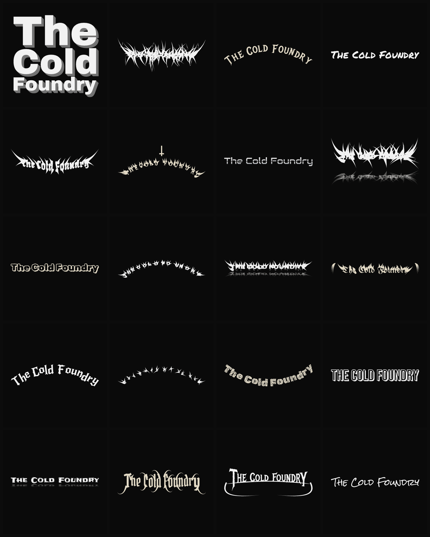 Twenty The Cold Foundry band logo ideas — different faces, treatments and spike settings