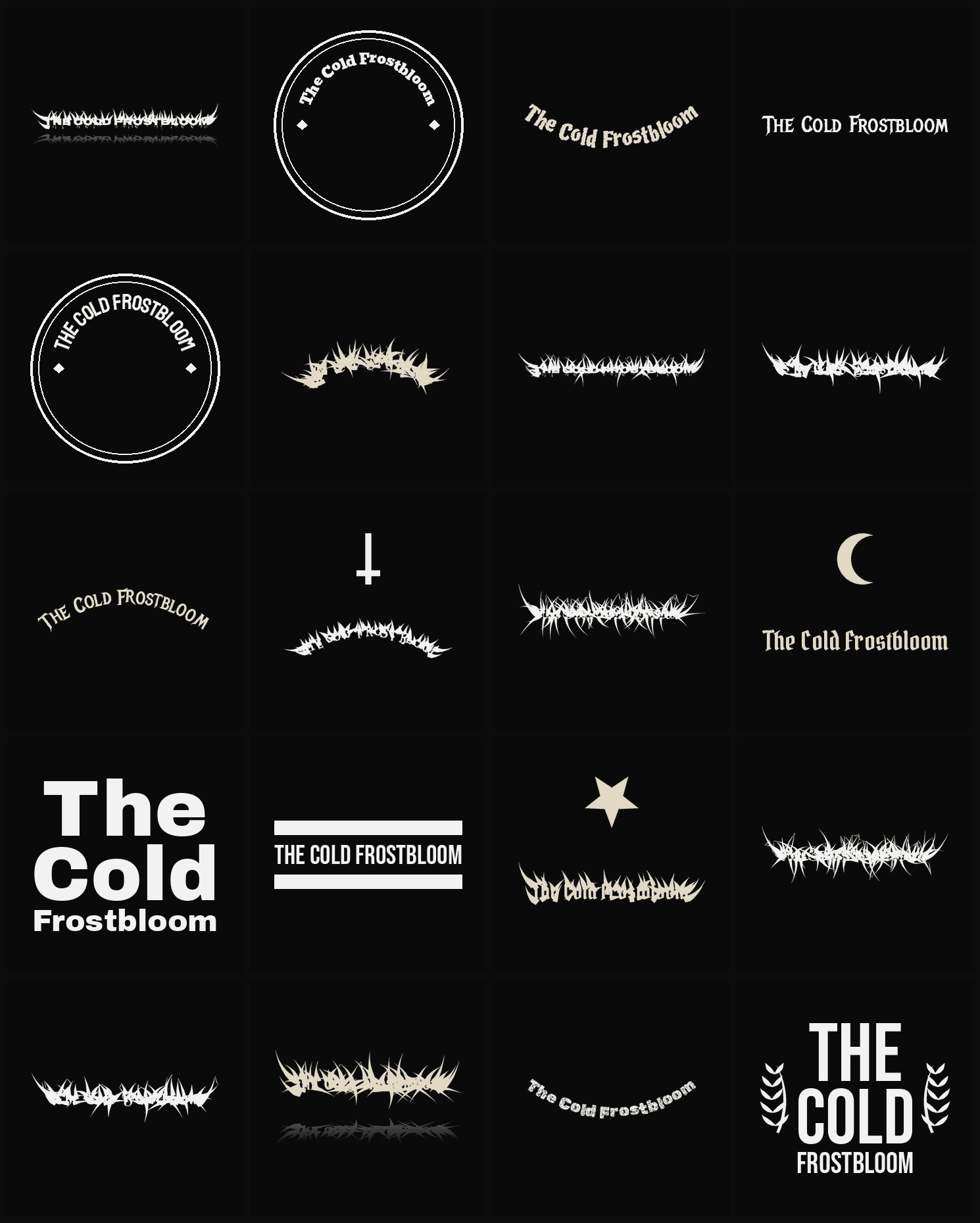 Twenty The Cold Frostbloom band logo ideas — different faces, treatments and spike settings