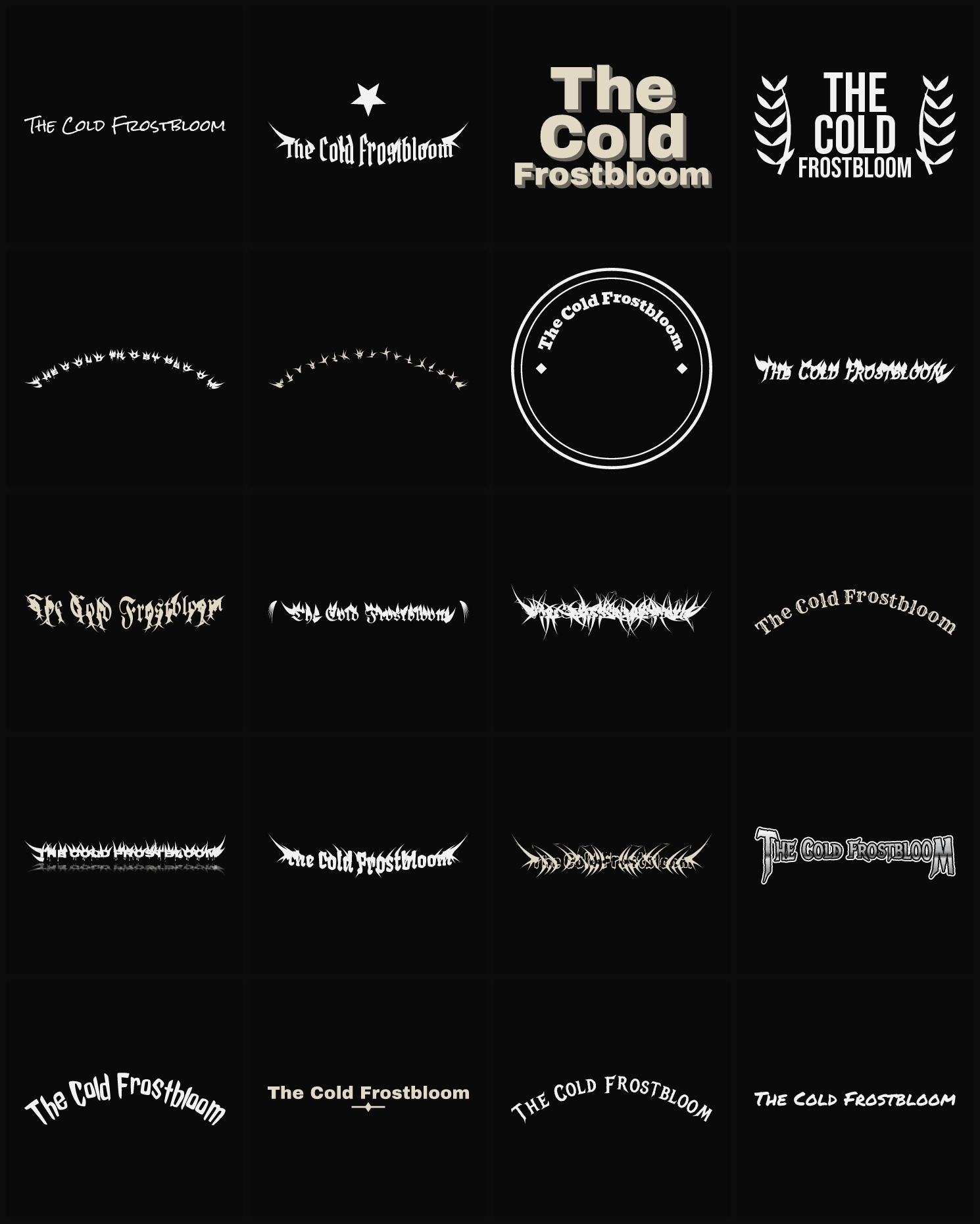 Twenty The Cold Frostbloom band logo ideas — different faces, treatments and spike settings