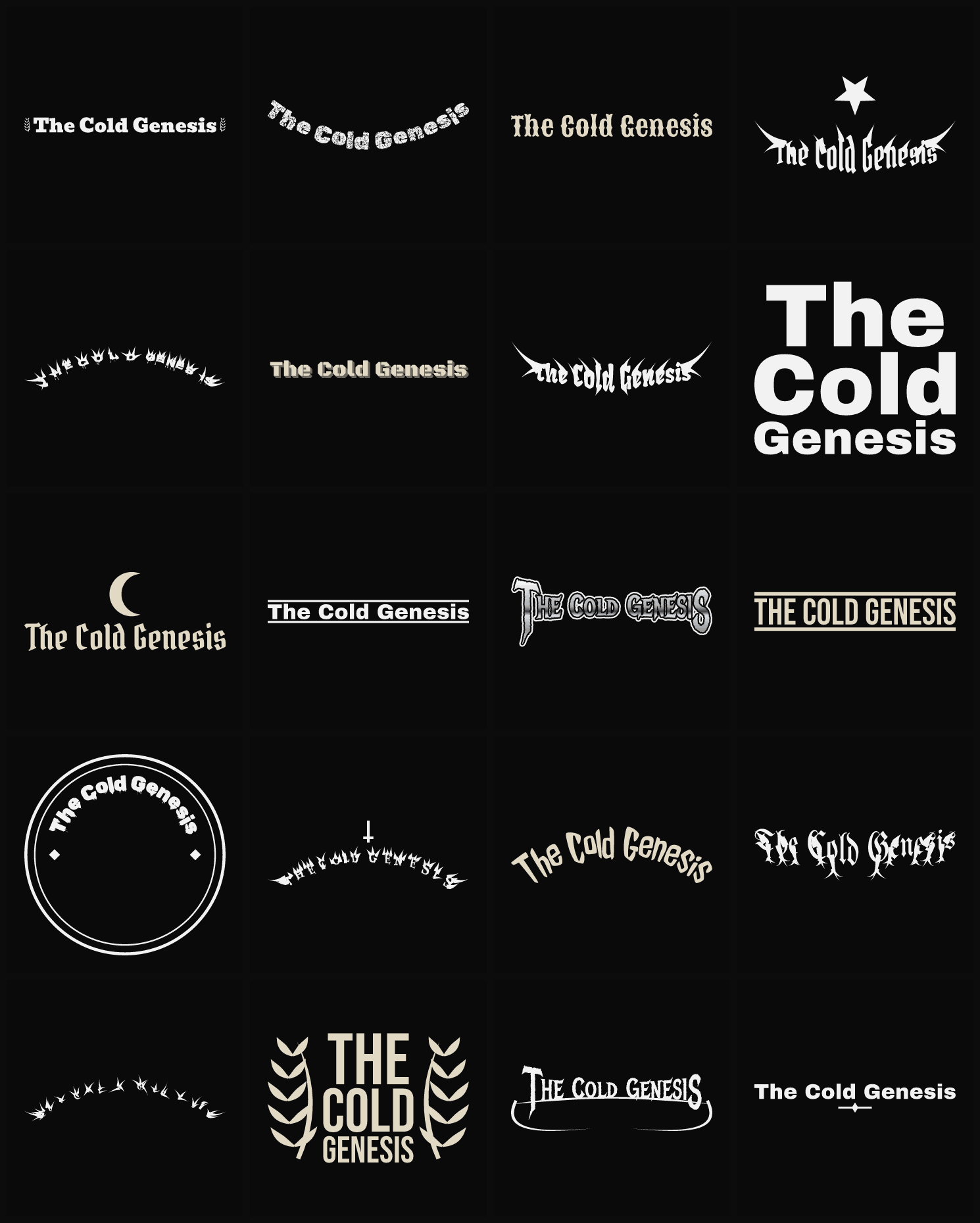 Twenty The Cold Genesis band logo ideas — different faces, treatments and spike settings