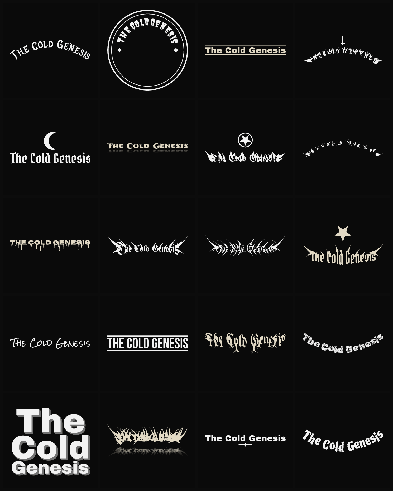Twenty The Cold Genesis band logo ideas — different faces, treatments and spike settings