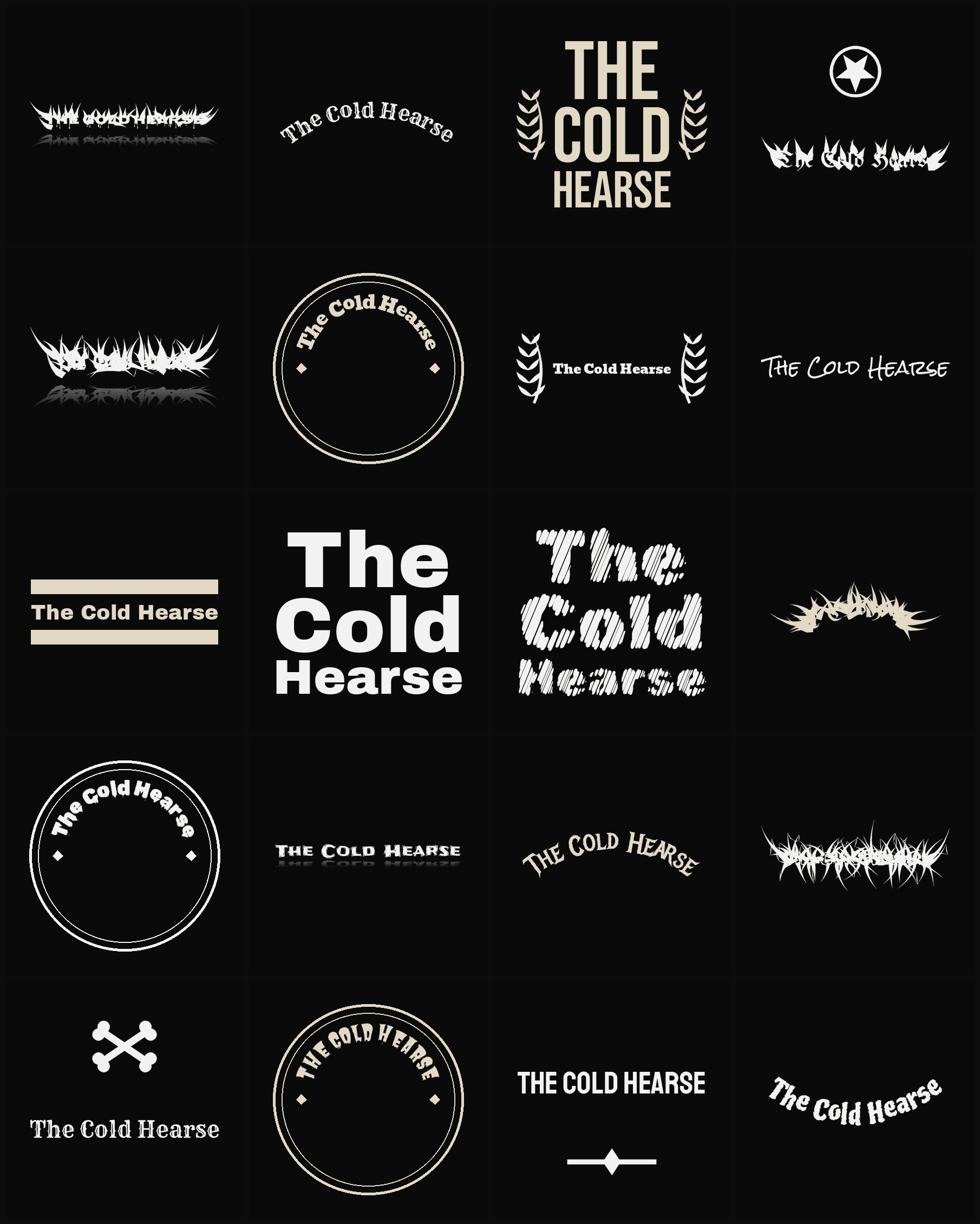 Twenty The Cold Hearse band logo ideas — different faces, treatments and spike settings