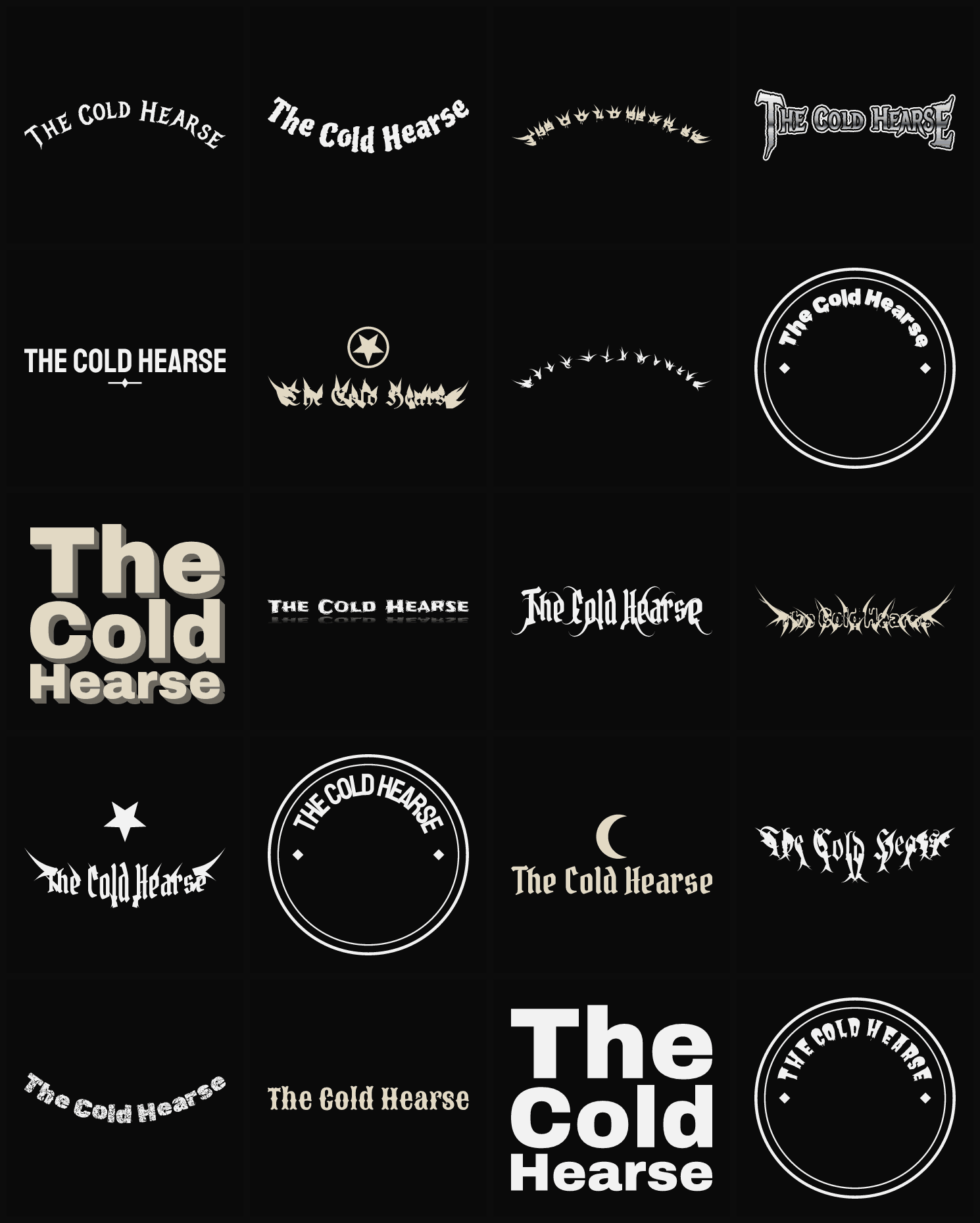 Twenty The Cold Hearse band logo ideas — different faces, treatments and spike settings