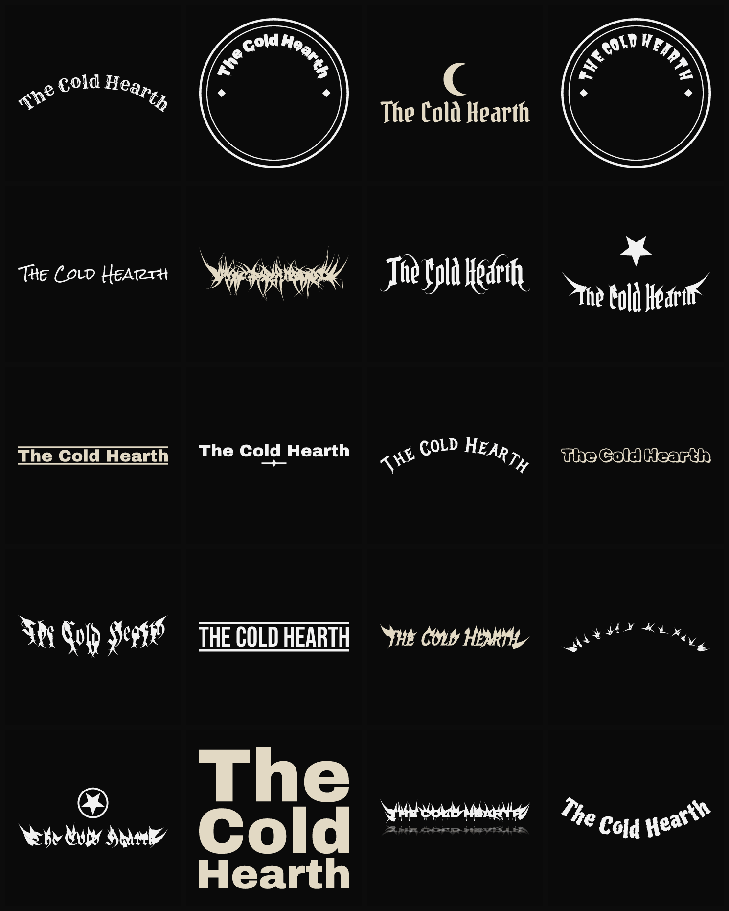 Twenty The Cold Hearth band logo ideas — different faces, treatments and spike settings