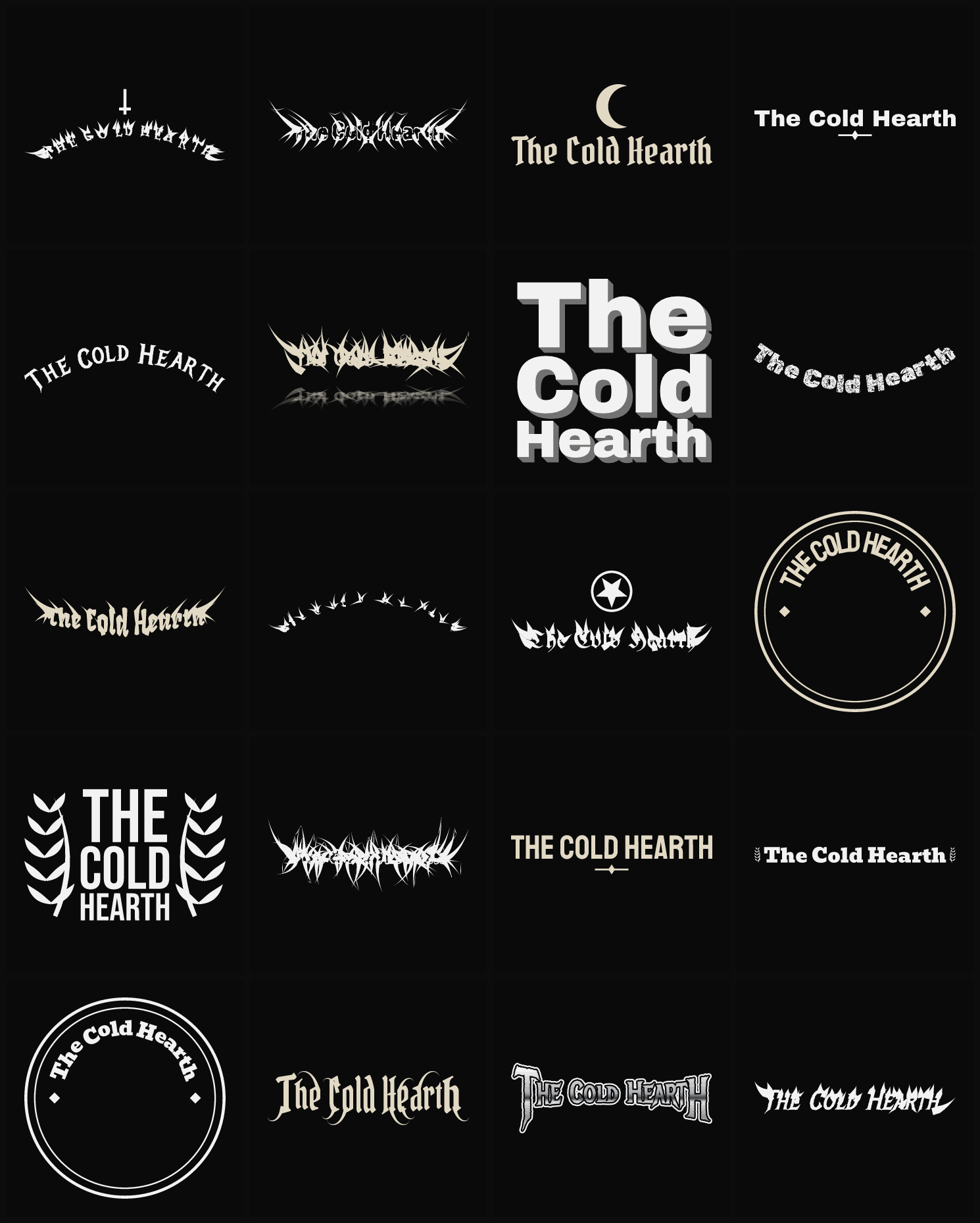 Twenty The Cold Hearth band logo ideas — different faces, treatments and spike settings