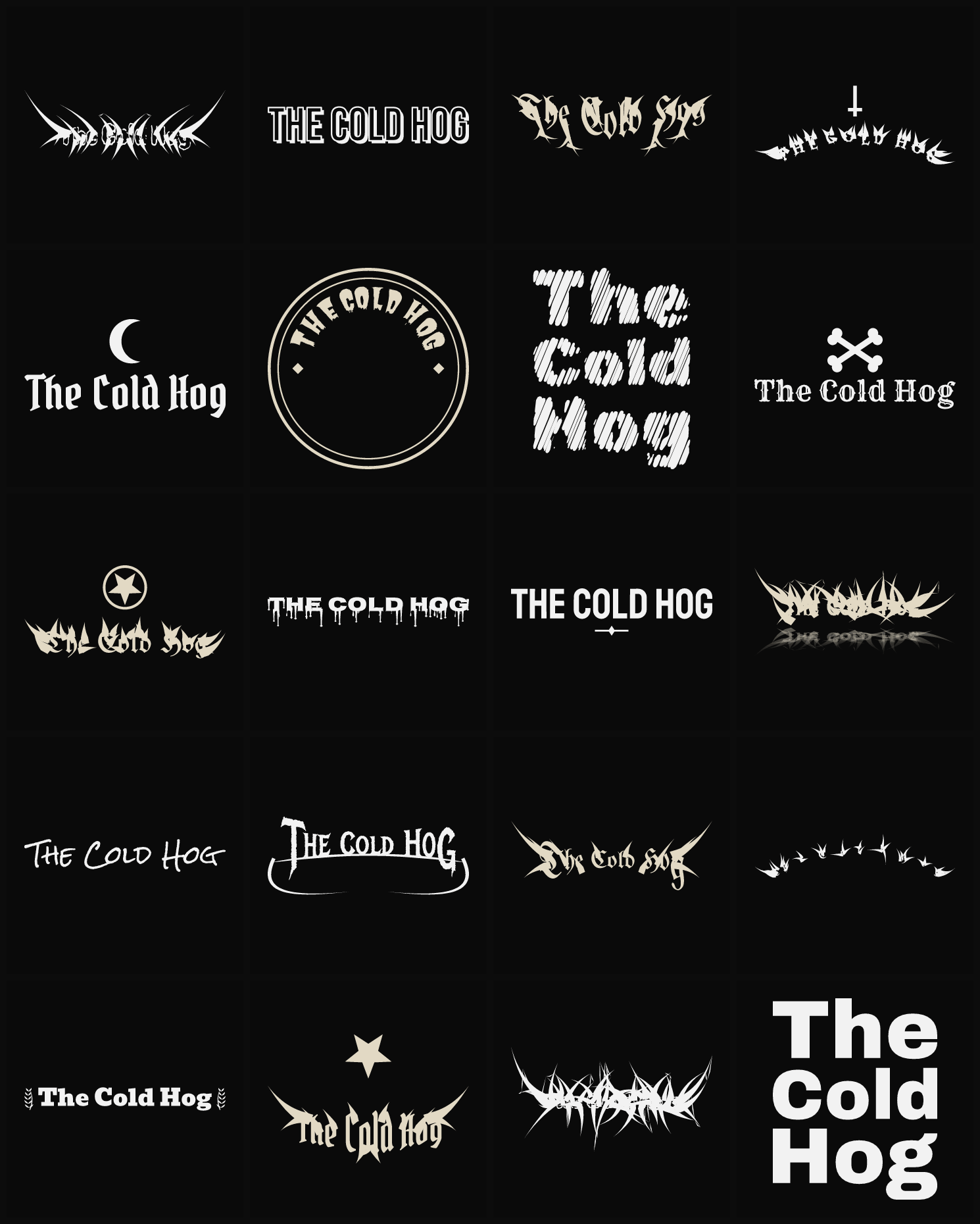 Twenty The Cold Hog band logo ideas — different faces, treatments and spike settings