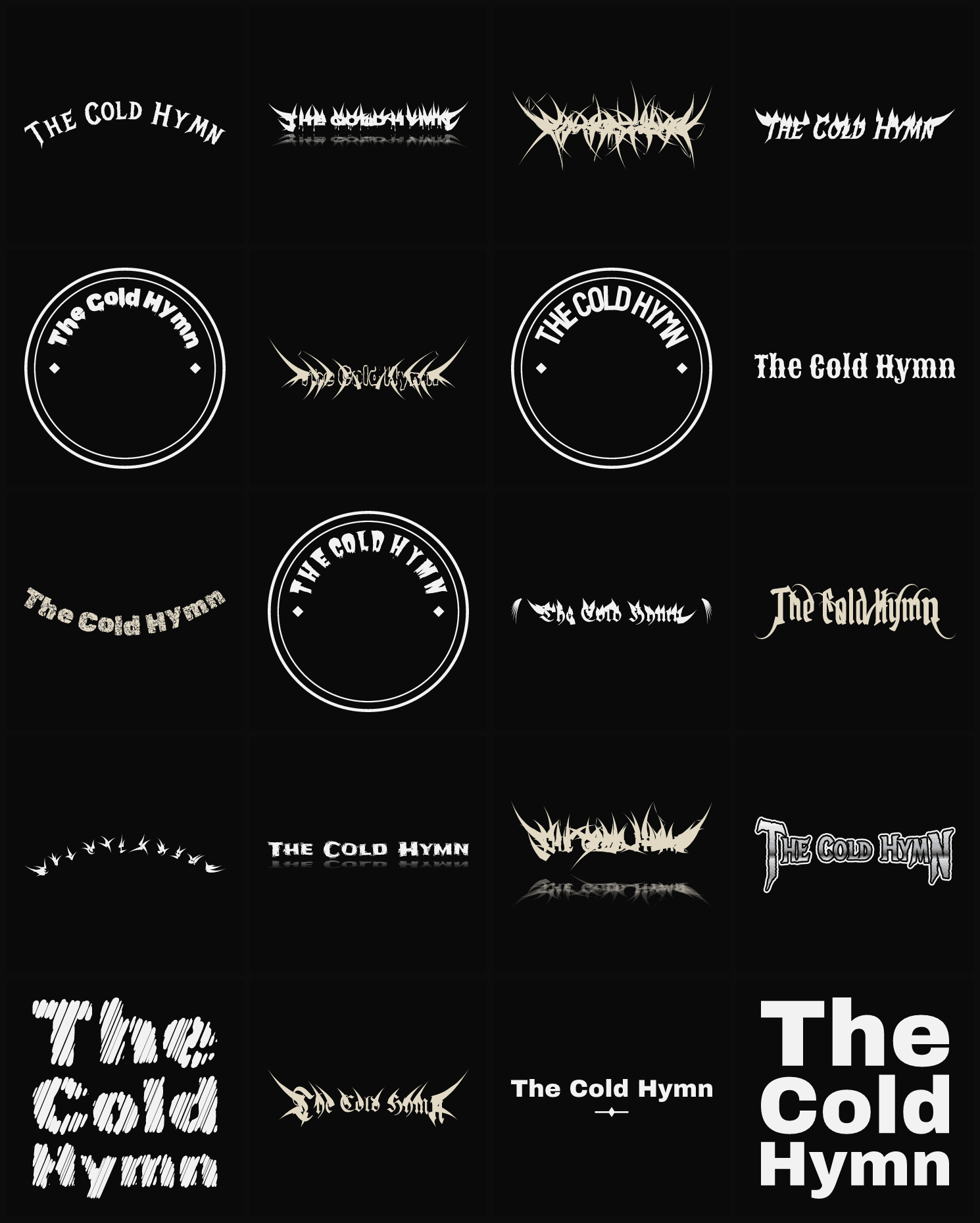 Twenty The Cold Hymn band logo ideas — different faces, treatments and spike settings