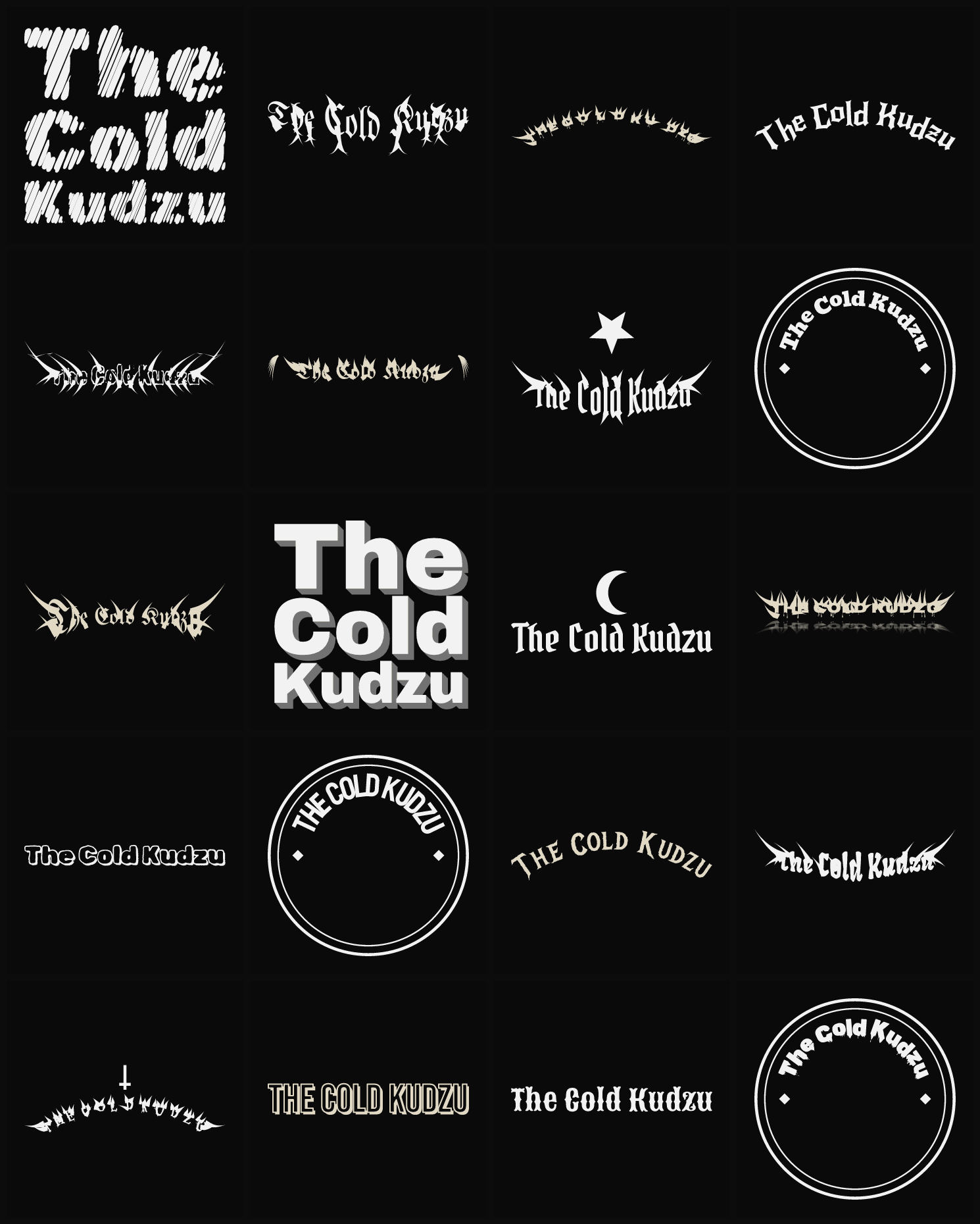 Twenty The Cold Kudzu band logo ideas — different faces, treatments and spike settings