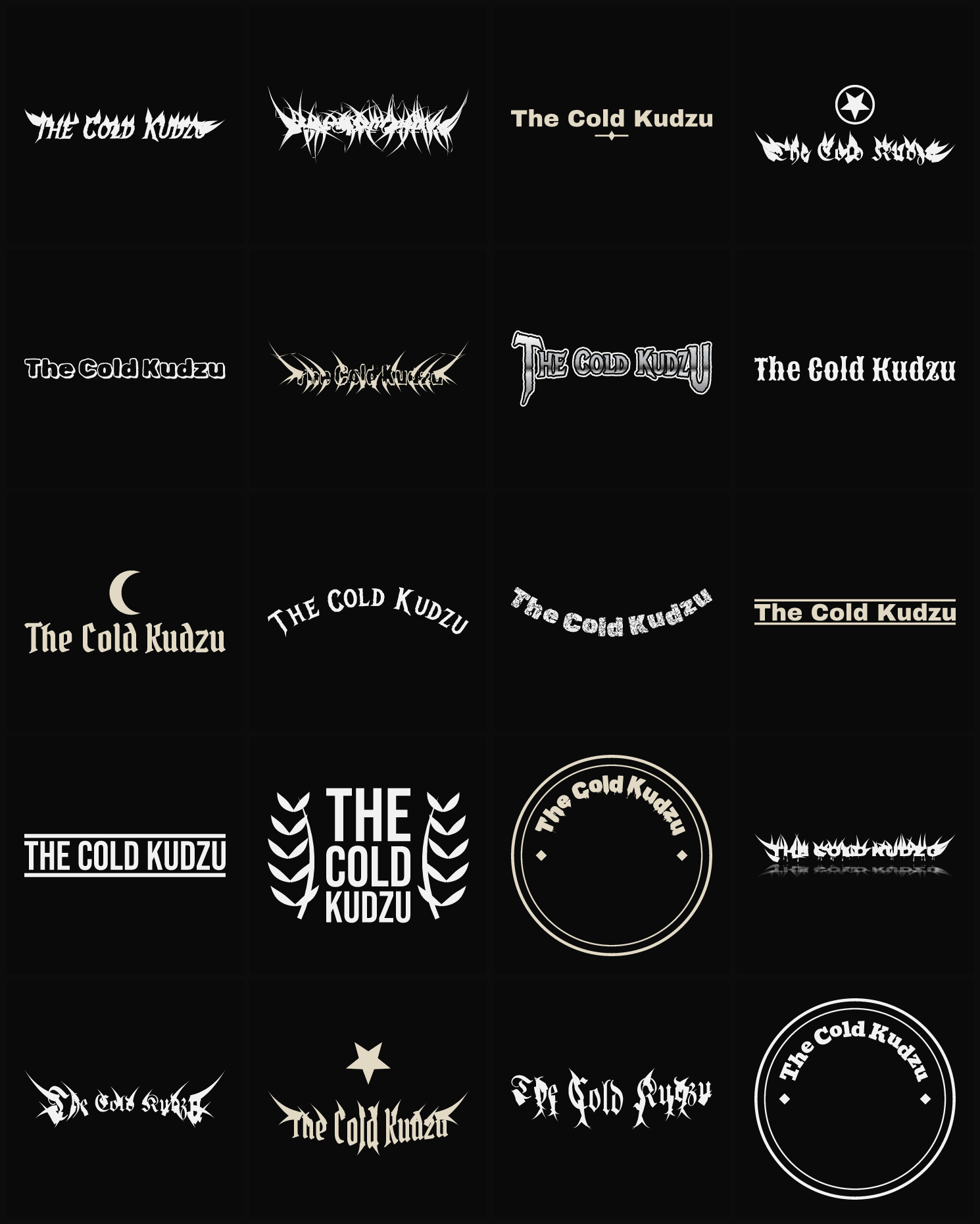 Twenty The Cold Kudzu band logo ideas — different faces, treatments and spike settings
