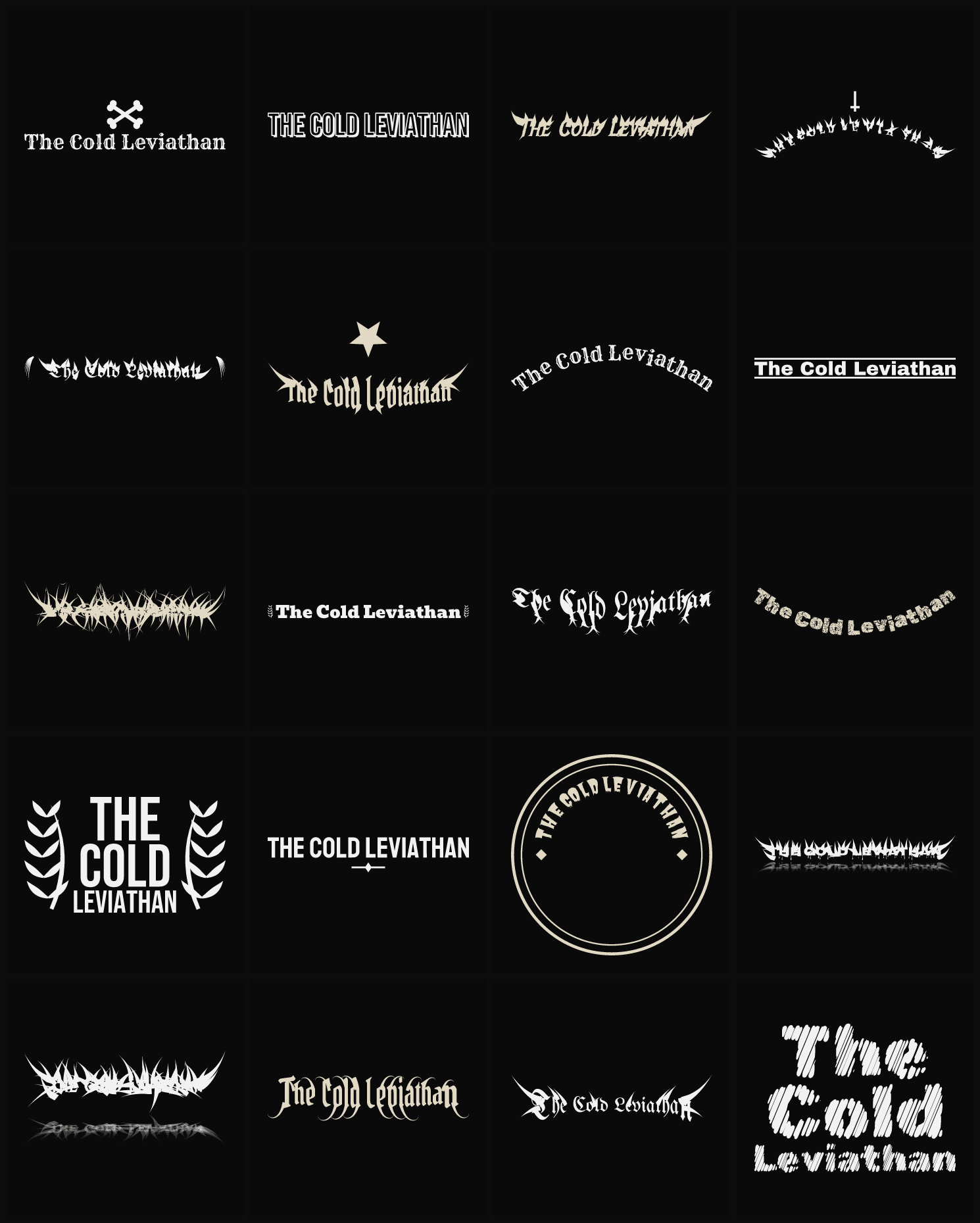 Twenty The Cold Leviathan band logo ideas — different faces, treatments and spike settings