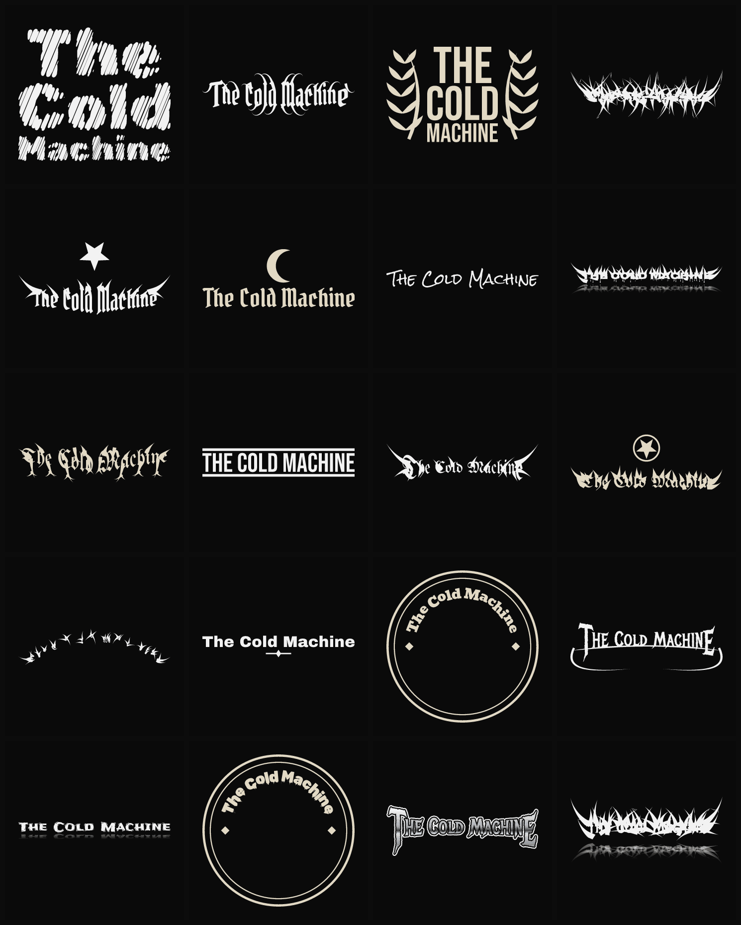 Twenty The Cold Machine band logo ideas — different faces, treatments and spike settings