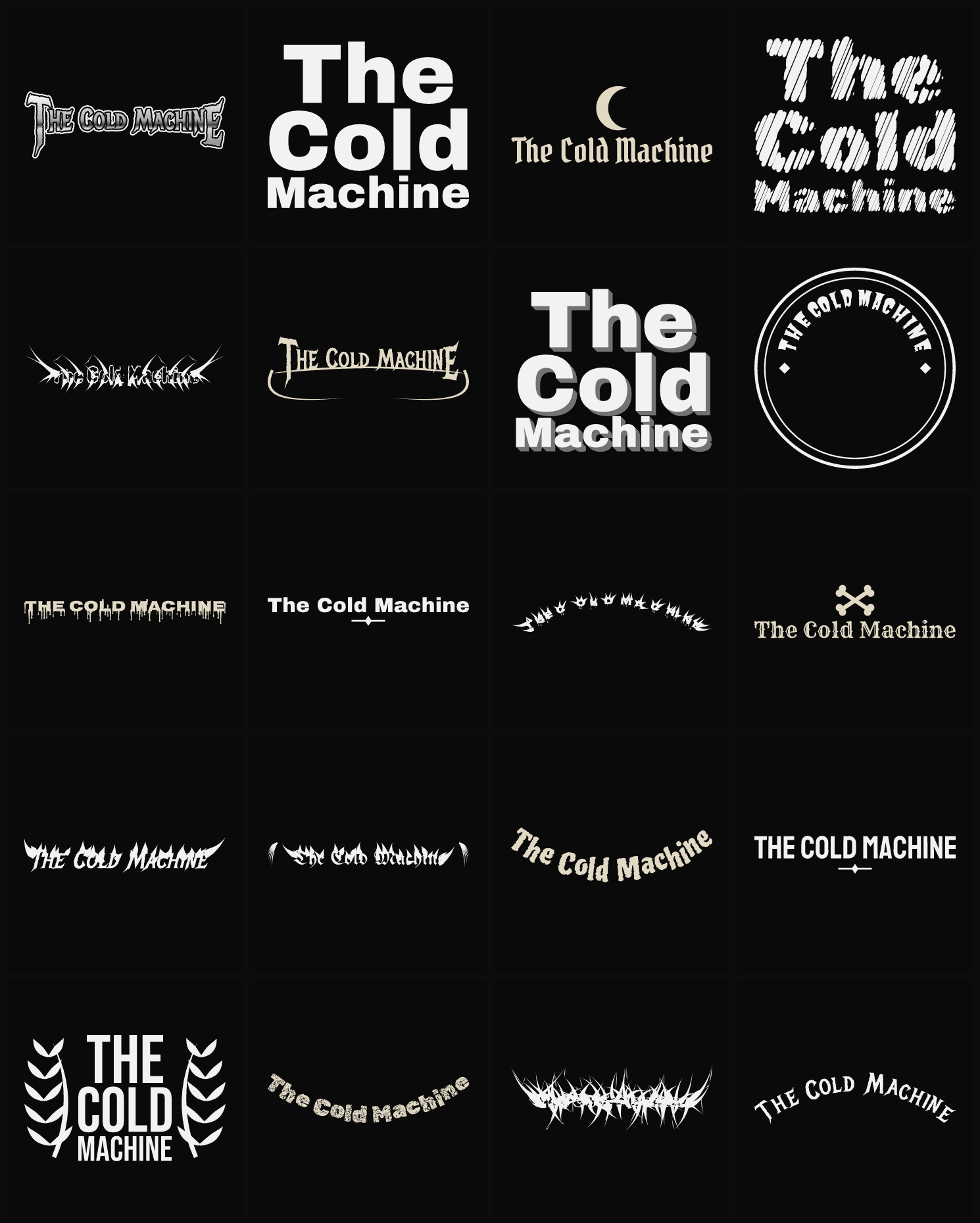 Twenty The Cold Machine band logo ideas — different faces, treatments and spike settings