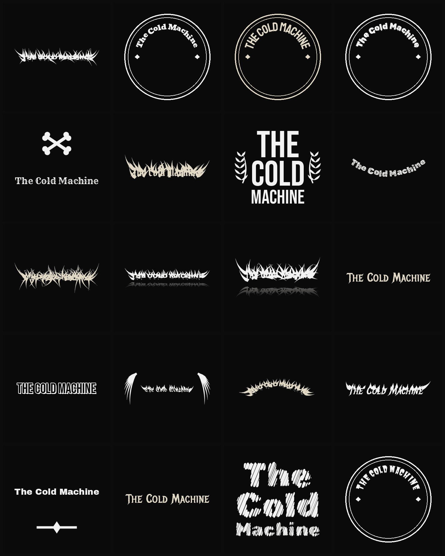 Twenty The Cold Machine band logo ideas — different faces, treatments and spike settings