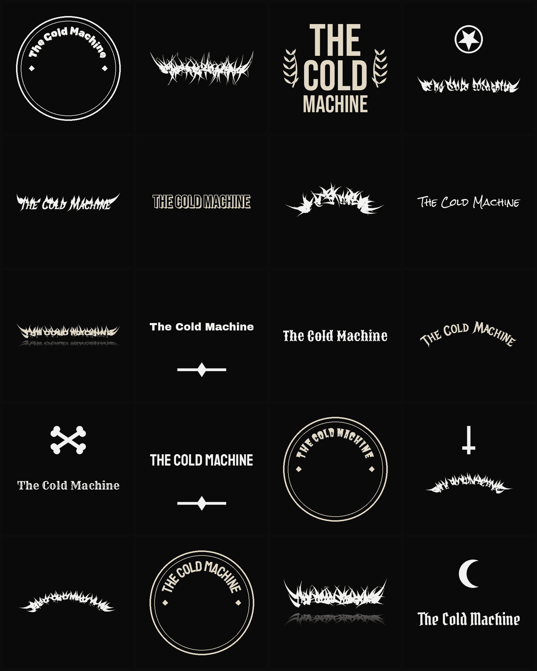 Twenty The Cold Machine band logo ideas — different faces, treatments and spike settings