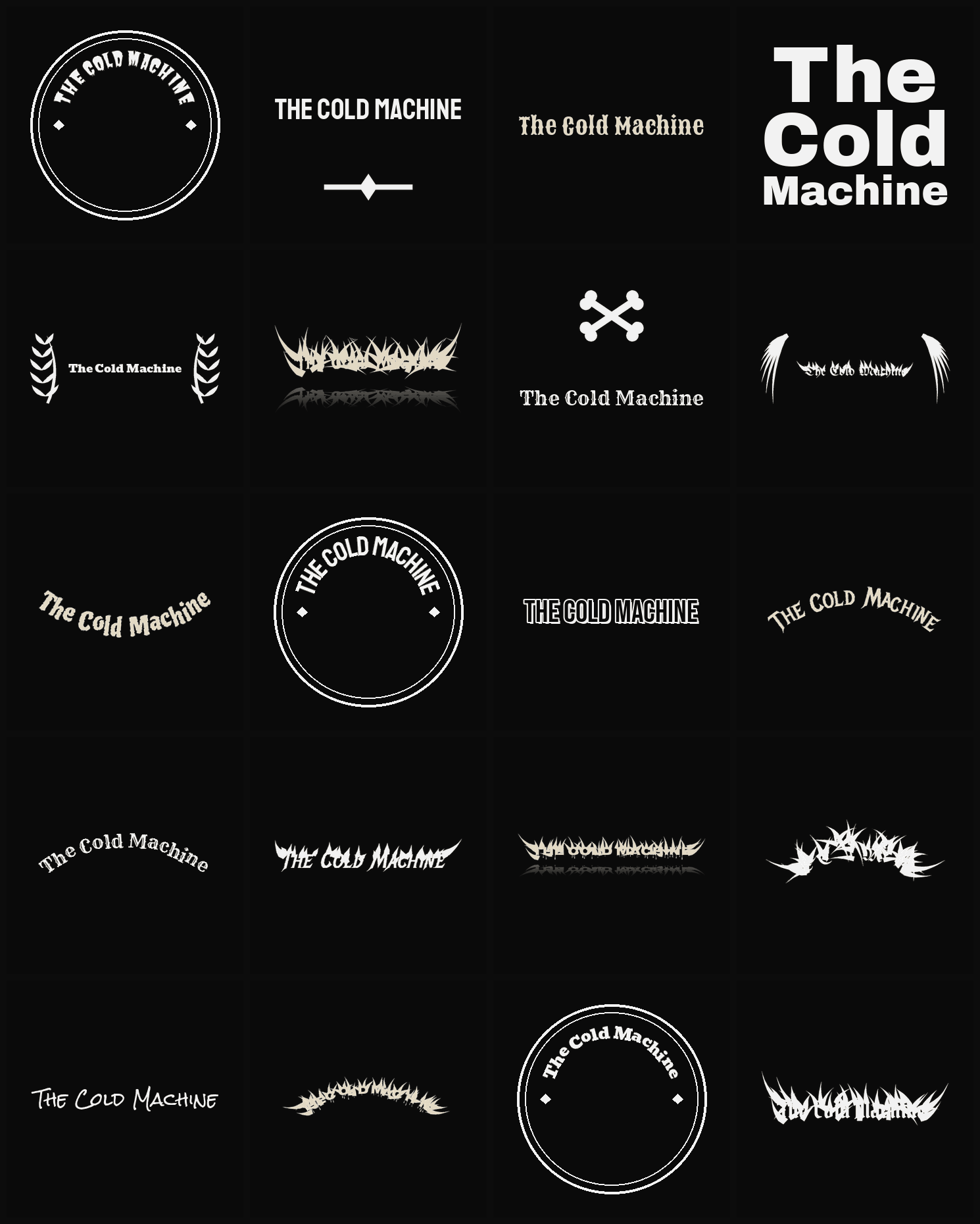 Twenty The Cold Machine band logo ideas — different faces, treatments and spike settings